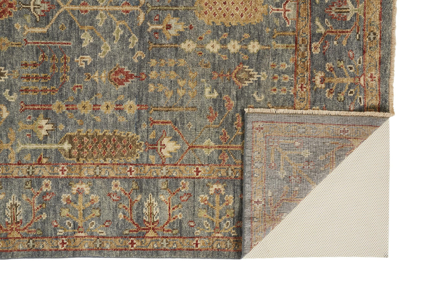 4' X 6' Gray Gold And Red Wool Floral Hand Knotted Stain Resistant Area Rug With Fringe