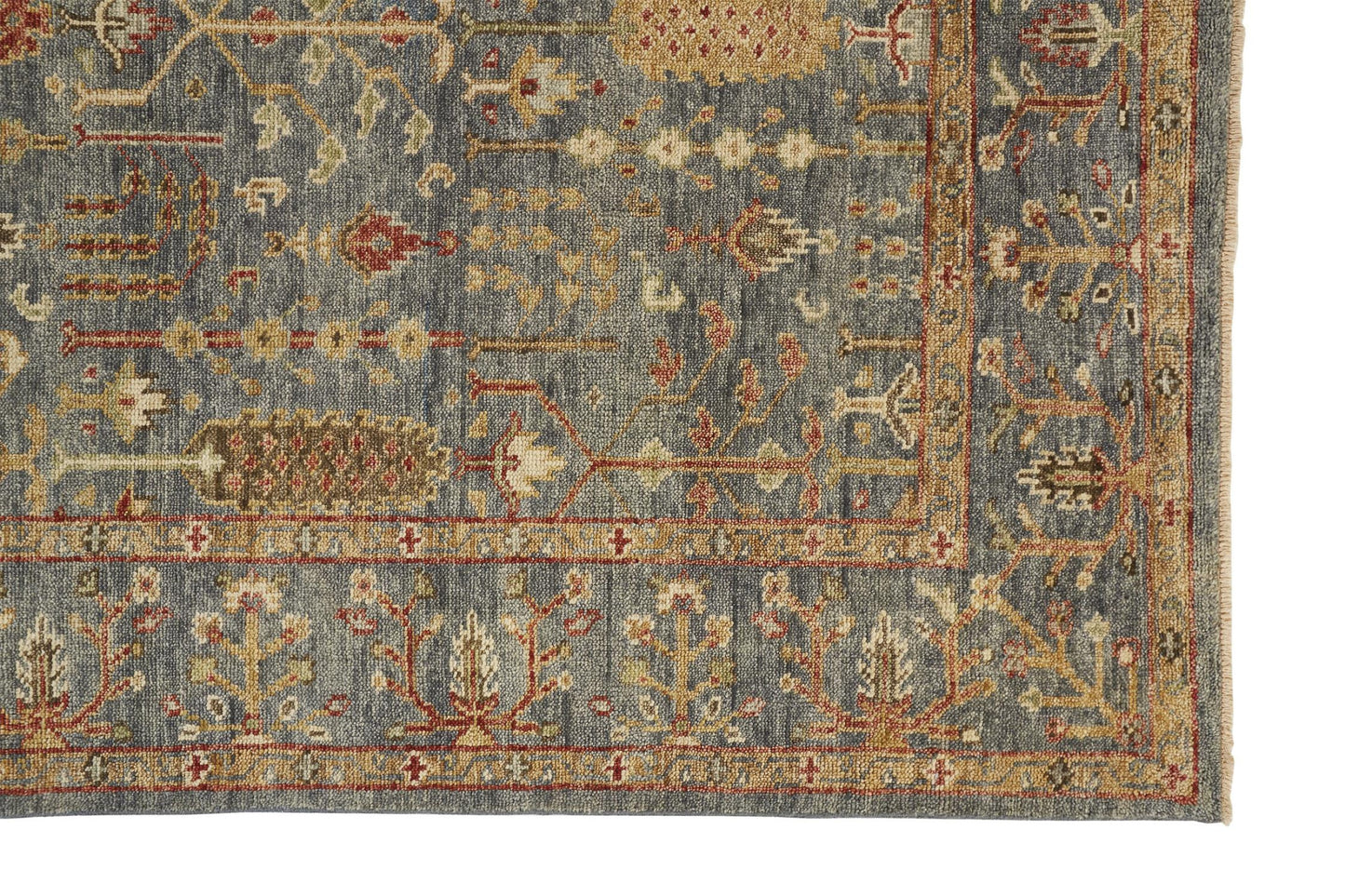4' X 6' Gray Gold And Red Wool Floral Hand Knotted Stain Resistant Area Rug With Fringe
