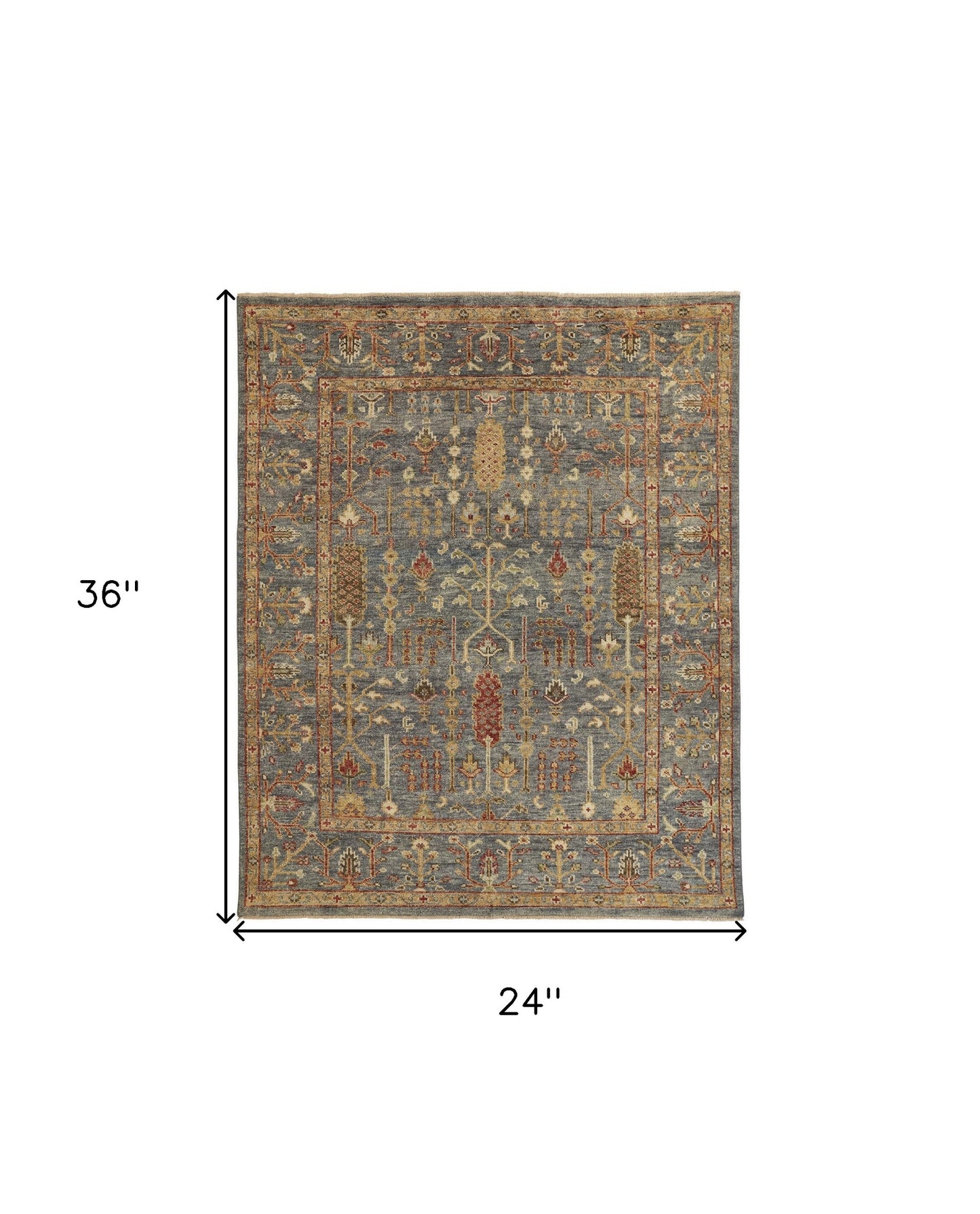 4' X 6' Gray Gold And Red Wool Floral Hand Knotted Stain Resistant Area Rug With Fringe