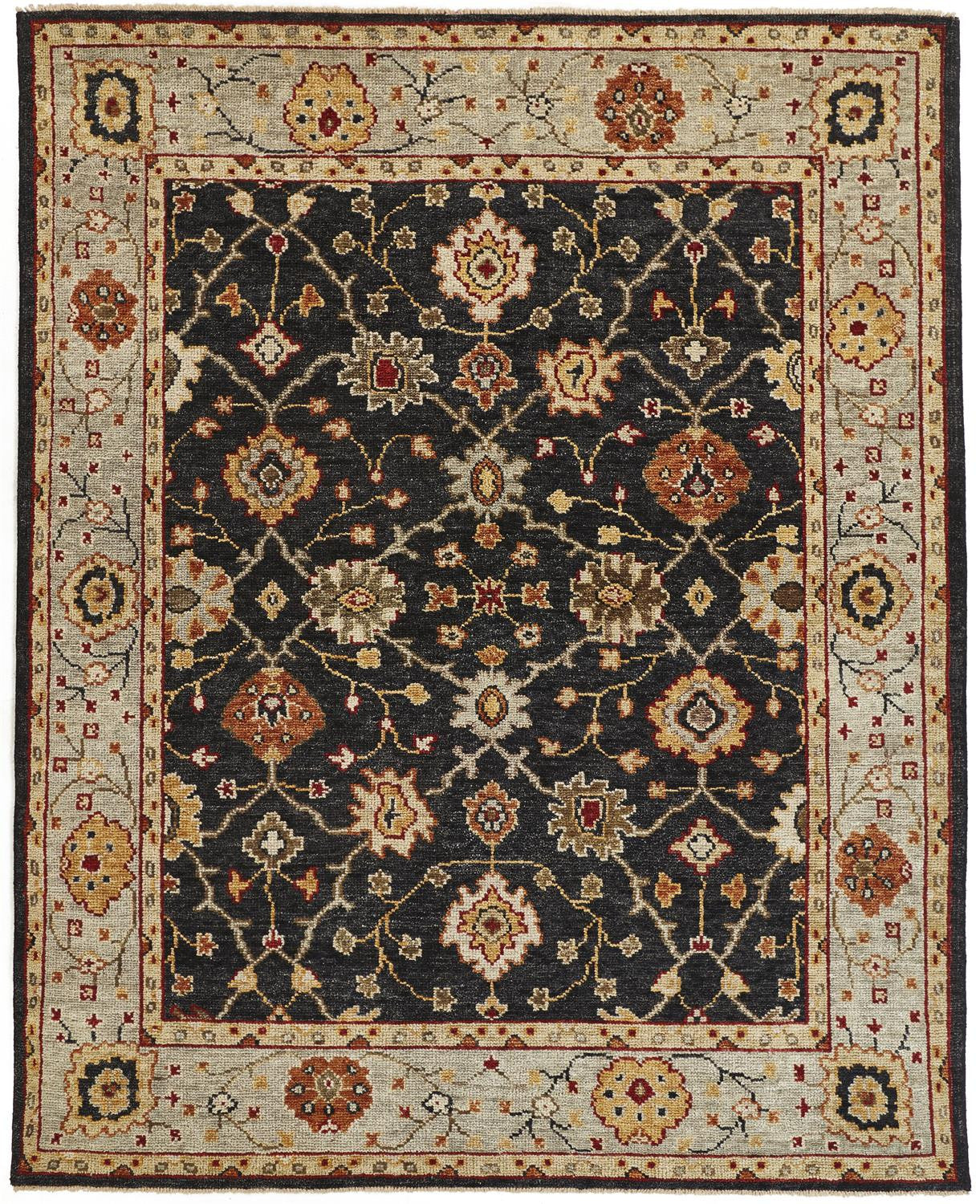 9' X 12' Black Gold And Gray Wool Floral Hand Knotted Stain Resistant Area Rug With Fringe