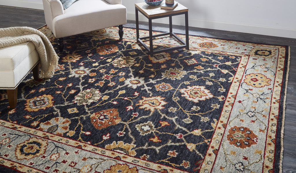 9' X 12' Black Gold And Gray Wool Floral Hand Knotted Stain Resistant Area Rug With Fringe