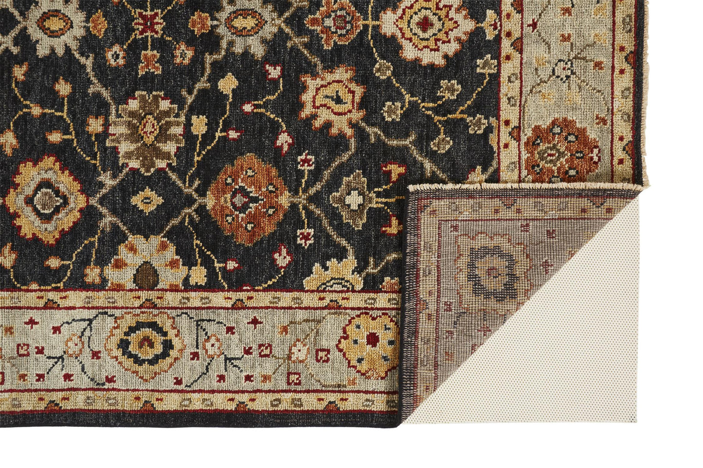 9' X 12' Black Gold And Gray Wool Floral Hand Knotted Stain Resistant Area Rug With Fringe