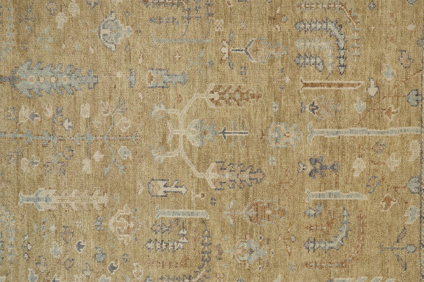 2' X 3' Gold Blue And Gray Wool Floral Hand Knotted Stain Resistant Area Rug With Fringe