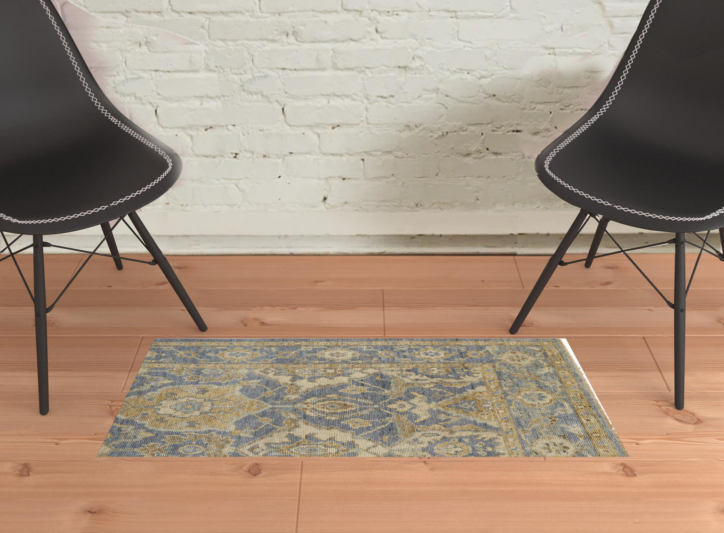 8' X 10' Blue Gold And Tan Wool Floral Hand Knotted Stain Resistant Area Rug With Fringe