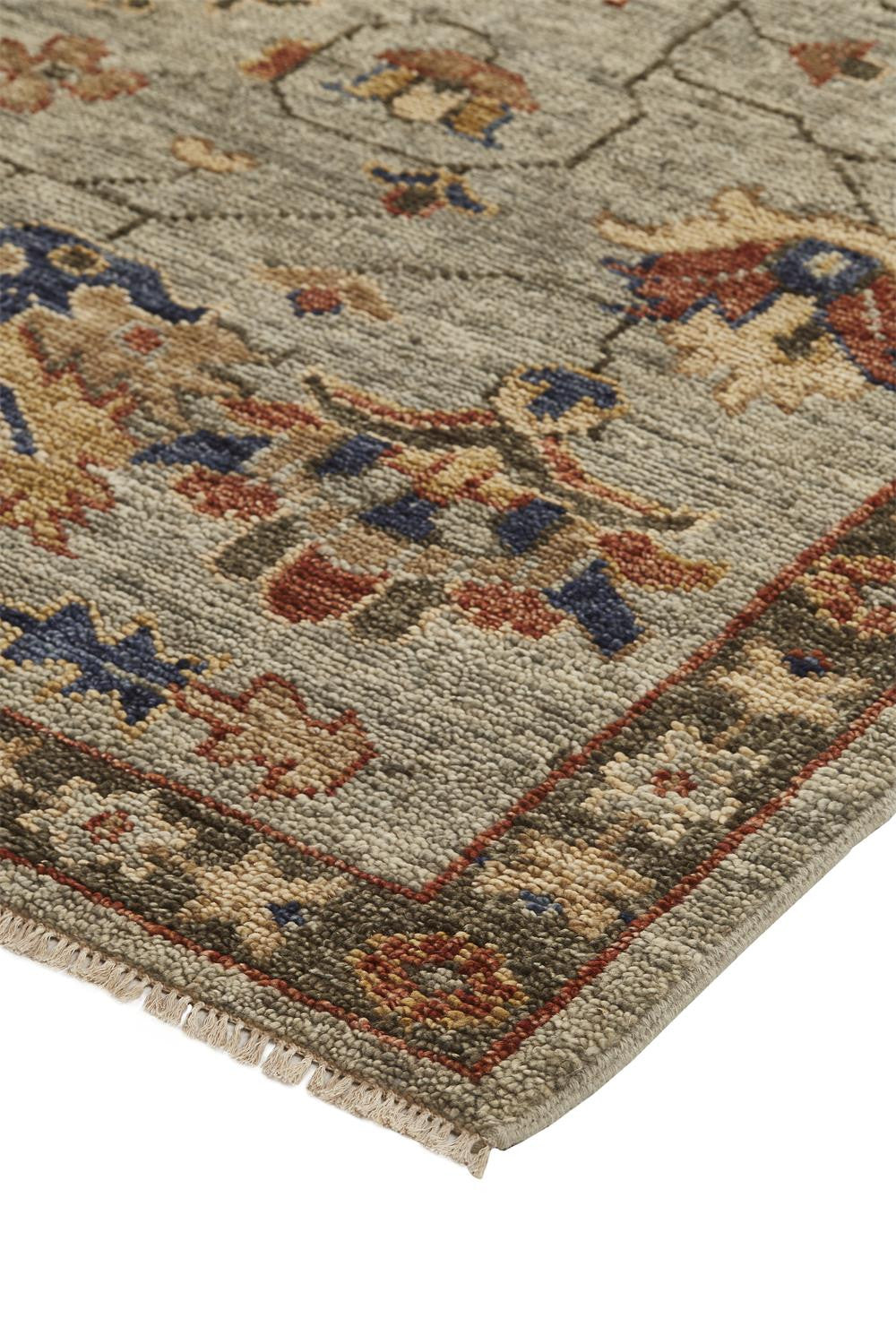 2' X 3' Gray Gold And Red Wool Floral Hand Knotted Stain Resistant Area Rug With Fringe