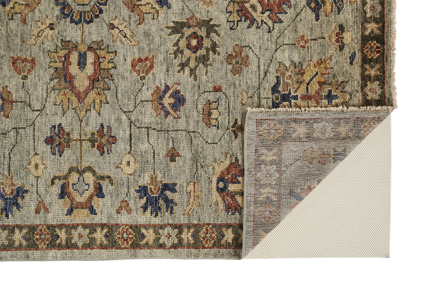 2' X 3' Gray Gold And Red Wool Floral Hand Knotted Stain Resistant Area Rug With Fringe