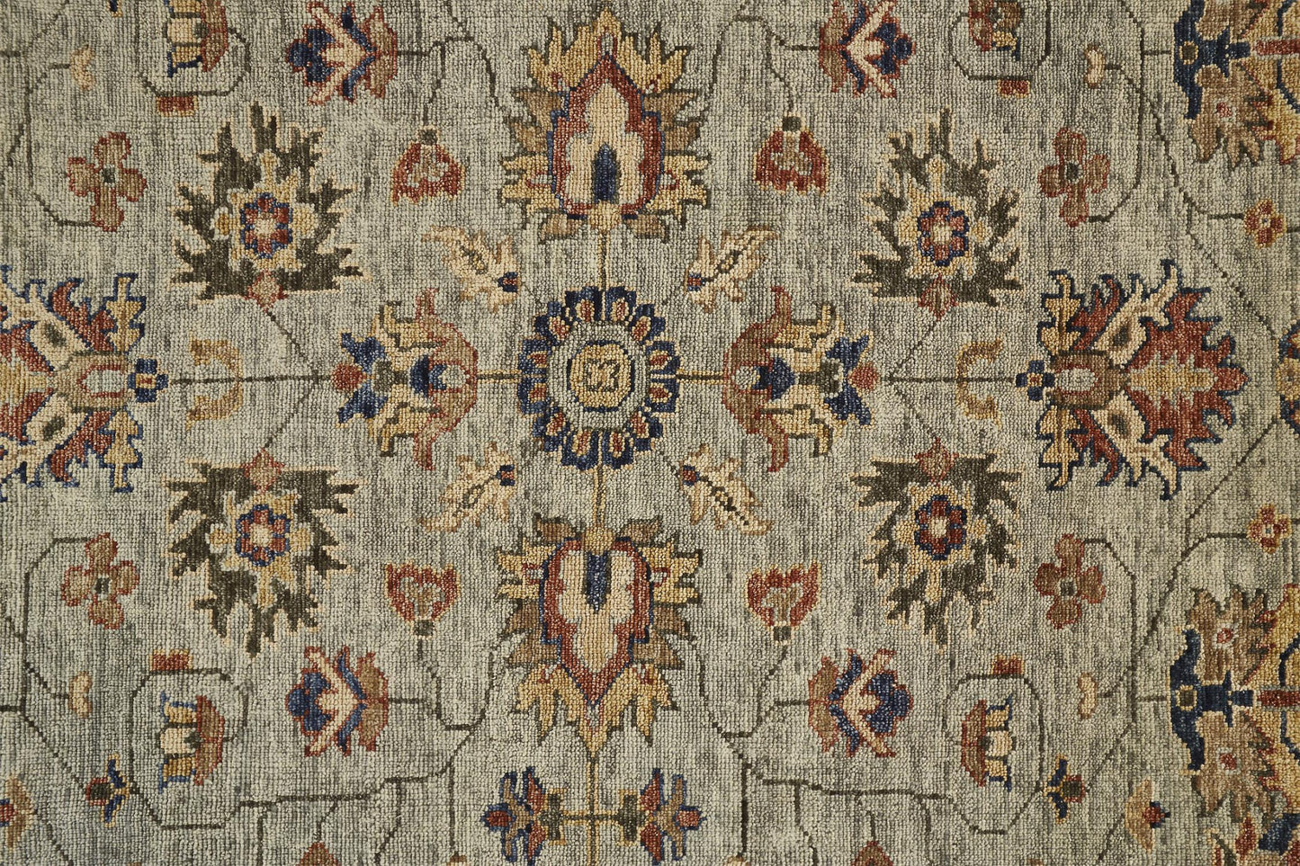 2' X 3' Gray Gold And Red Wool Floral Hand Knotted Stain Resistant Area Rug With Fringe