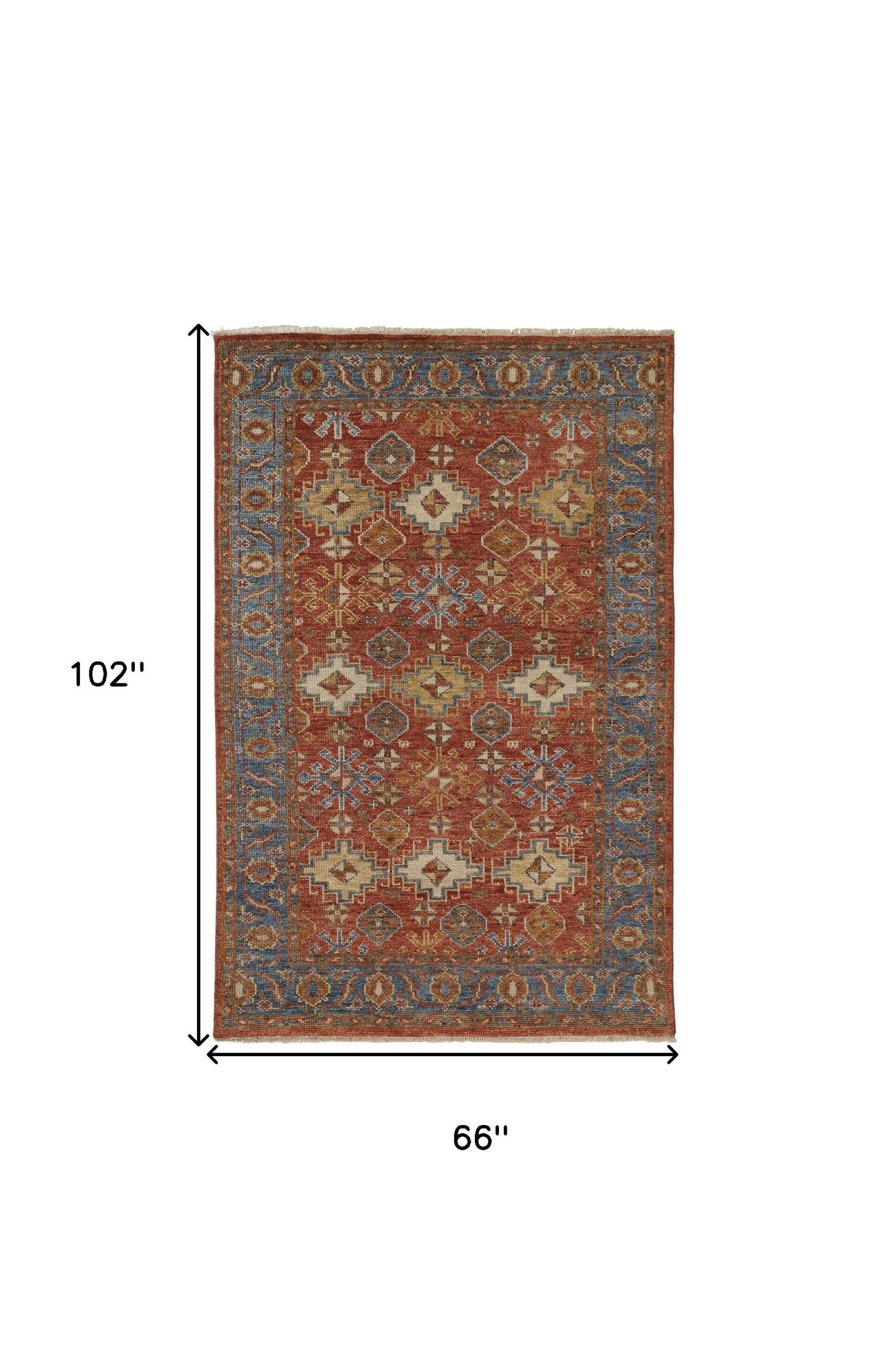 5' X 8' Red Blue And Orange Wool Floral Hand Knotted Stain Resistant Area Rug With Fringe