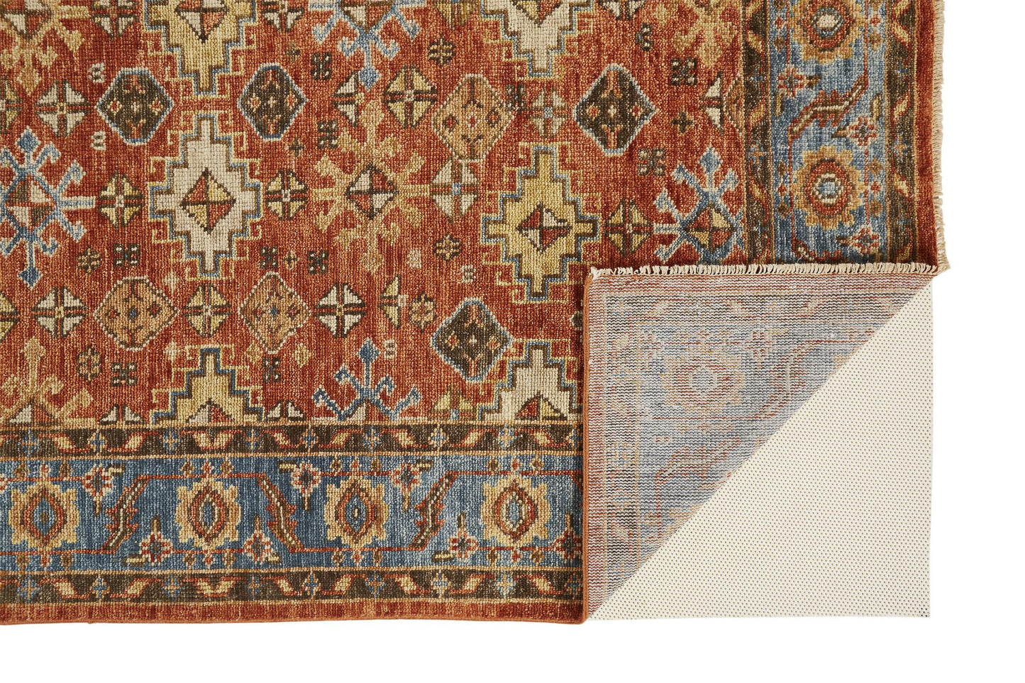 5' X 8' Red Blue And Orange Wool Floral Hand Knotted Stain Resistant Area Rug With Fringe
