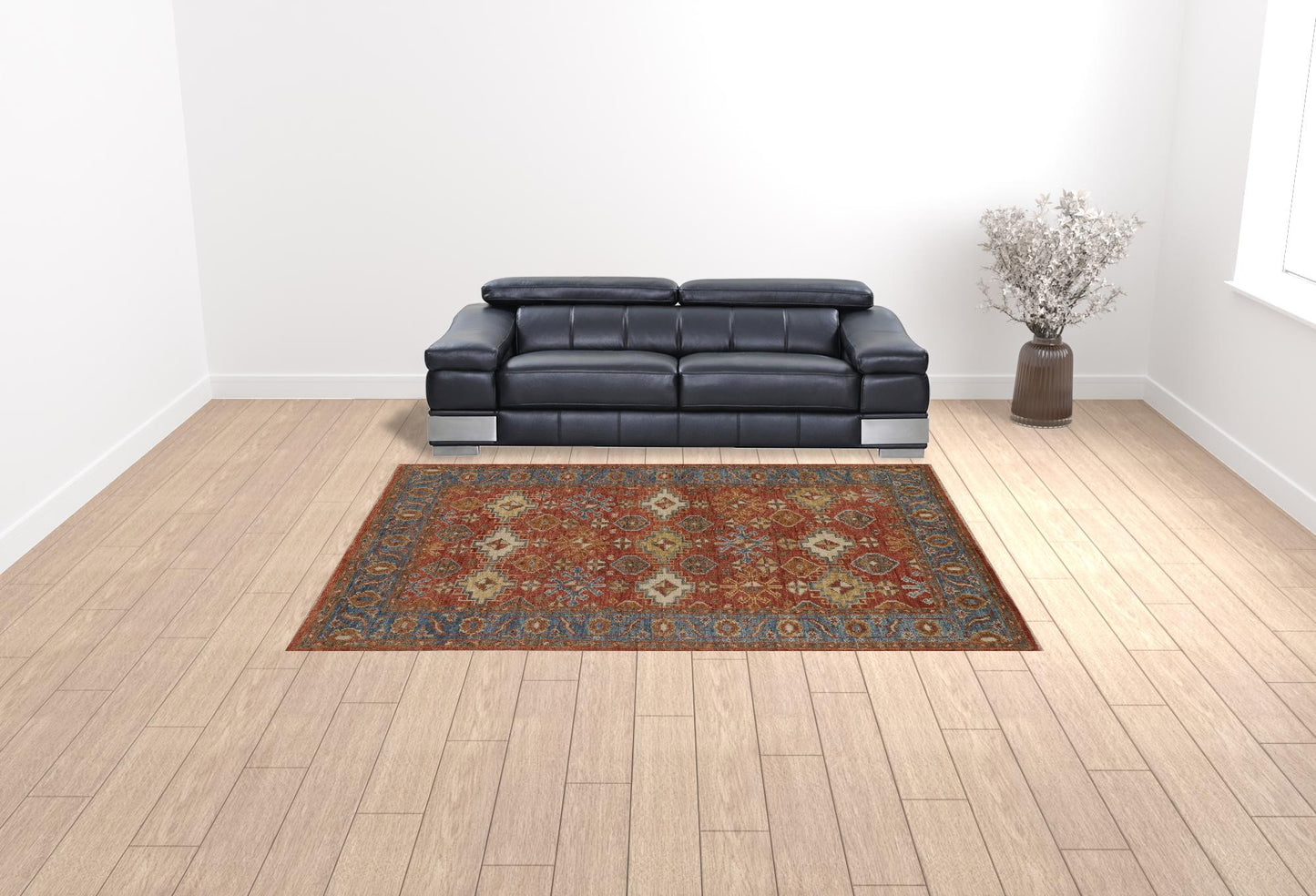 5' X 8' Red Blue And Orange Wool Floral Hand Knotted Stain Resistant Area Rug With Fringe