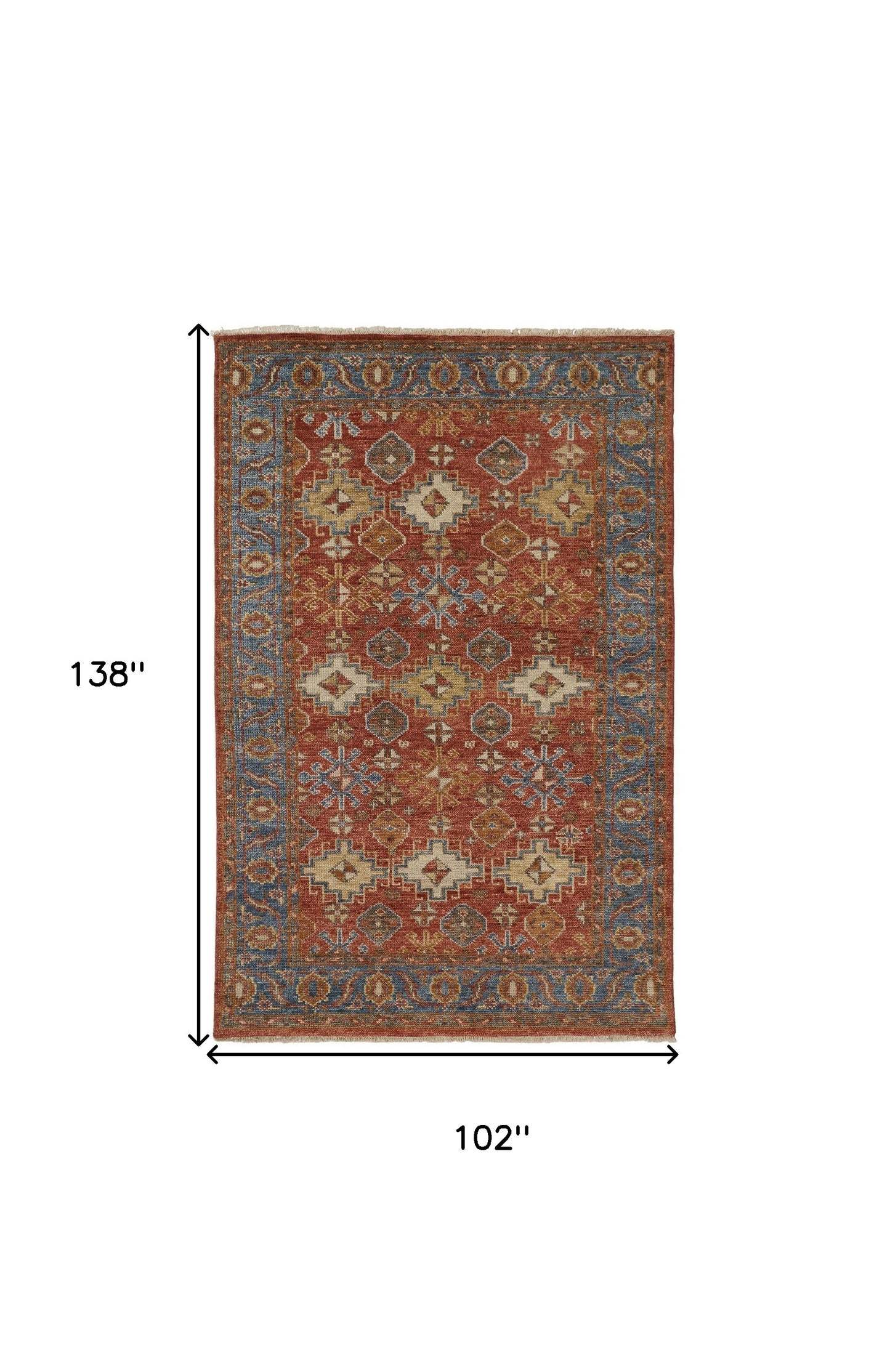 5' X 8' Red Blue And Orange Wool Floral Hand Knotted Stain Resistant Area Rug With Fringe