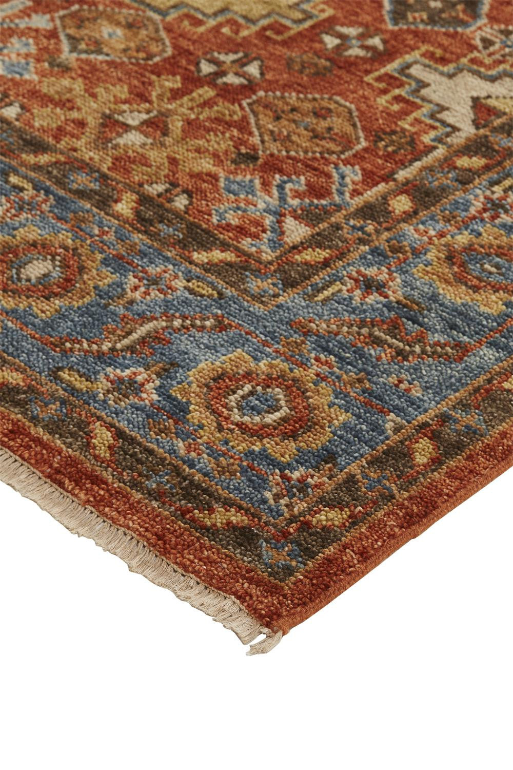 5' X 8' Red Blue And Orange Wool Floral Hand Knotted Stain Resistant Area Rug With Fringe