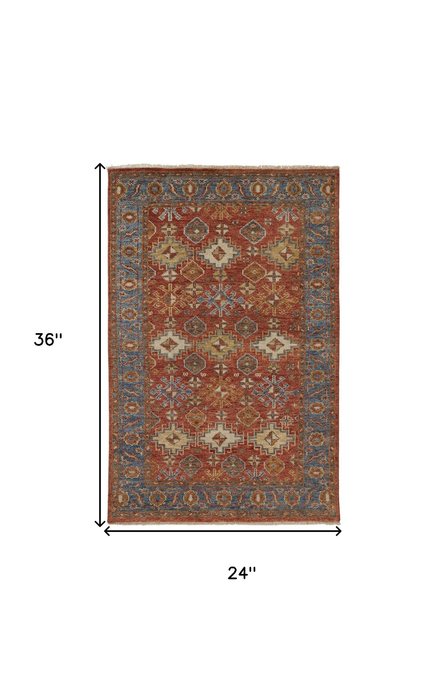 5' X 8' Red Blue And Orange Wool Floral Hand Knotted Stain Resistant Area Rug With Fringe