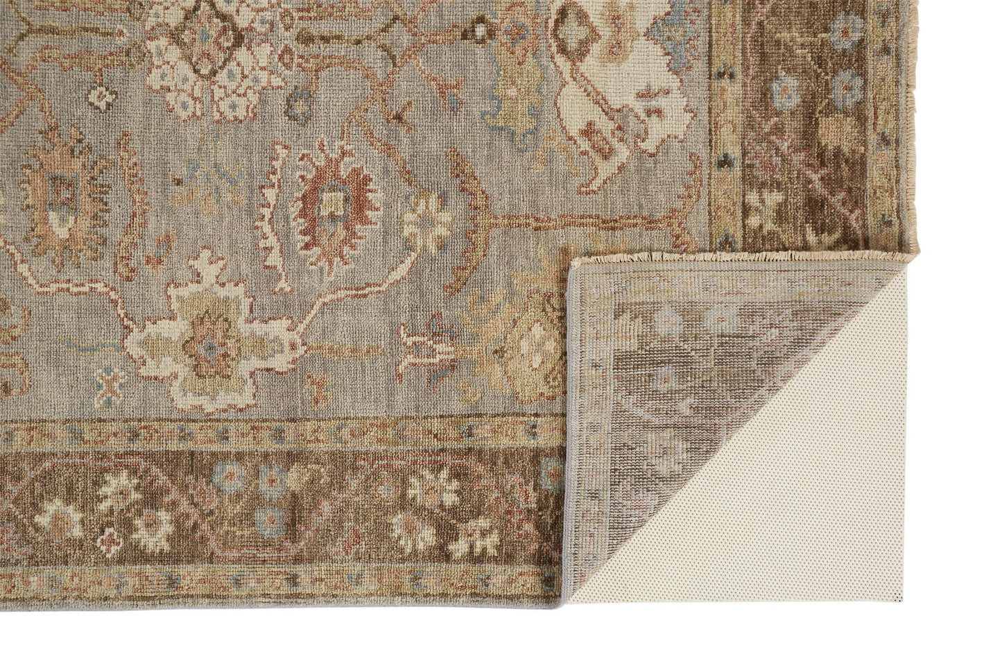 4' X 6' Gray Brown And Gold Wool Floral Hand Knotted Stain Resistant Area Rug With Fringe