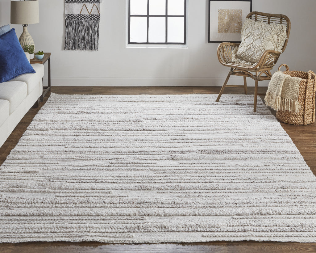 10' X 14' Gray Silver And Ivory Striped Hand Woven Stain Resistant Area Rug