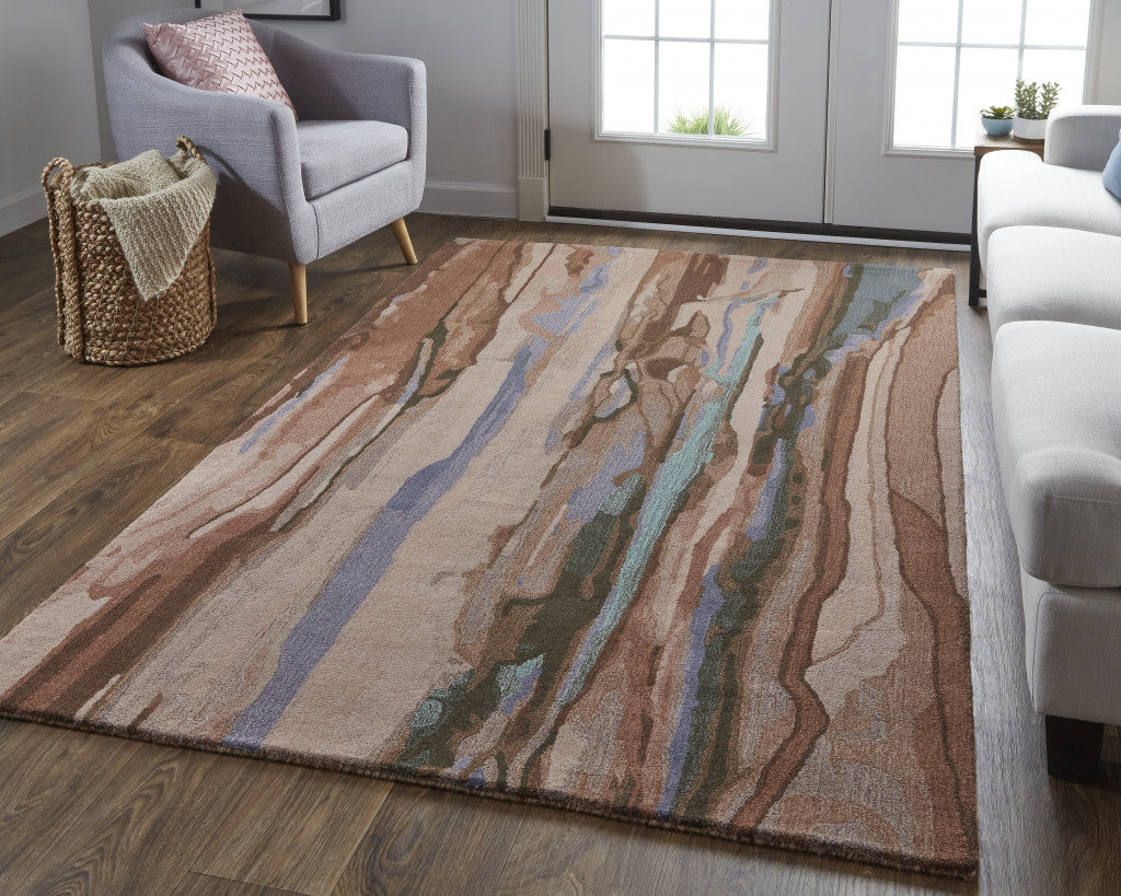 8' X 10' Blue Red And Ivory Wool Abstract Tufted Handmade Stain Resistant Area Rug