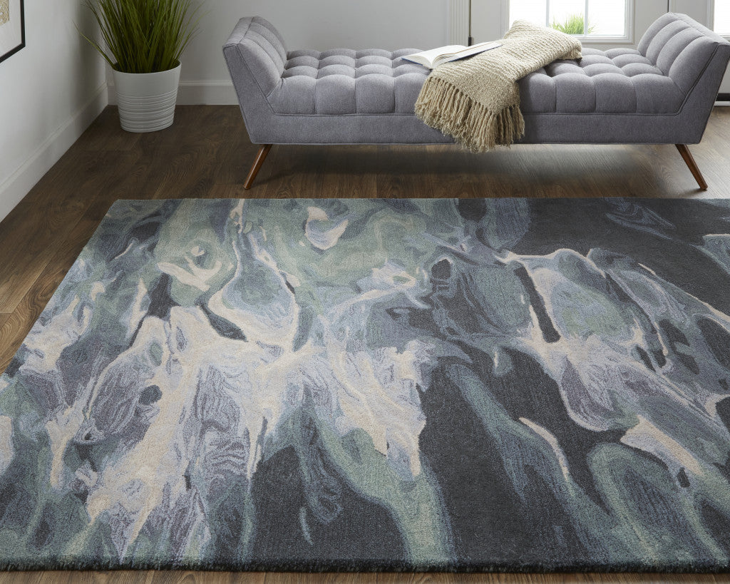 4' X 6' Green Blue And Black Wool Abstract Tufted Handmade Stain Resistant Area Rug