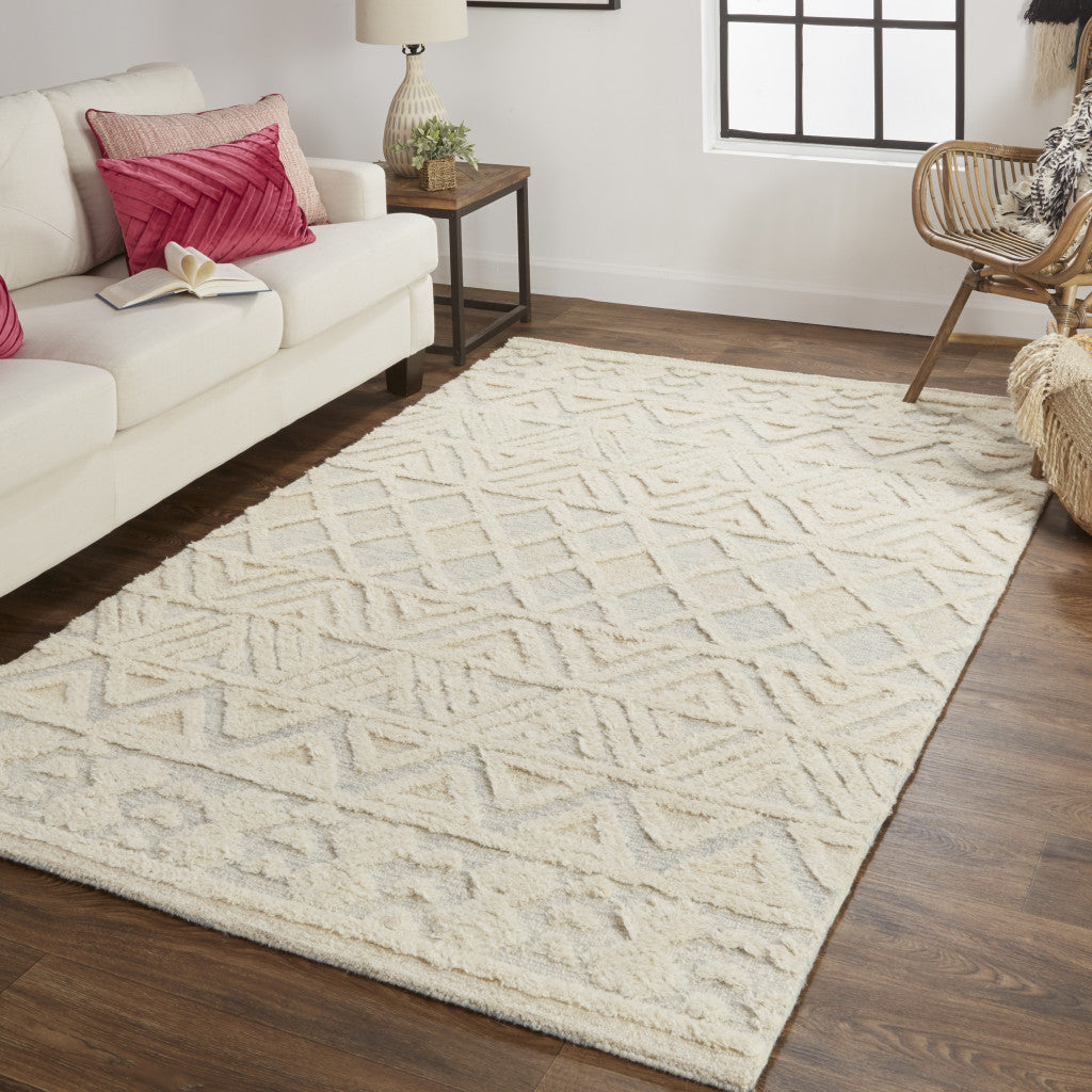 4' X 6' Ivory Blue And Tan Wool Geometric Tufted Handmade Stain Resistant Area Rug