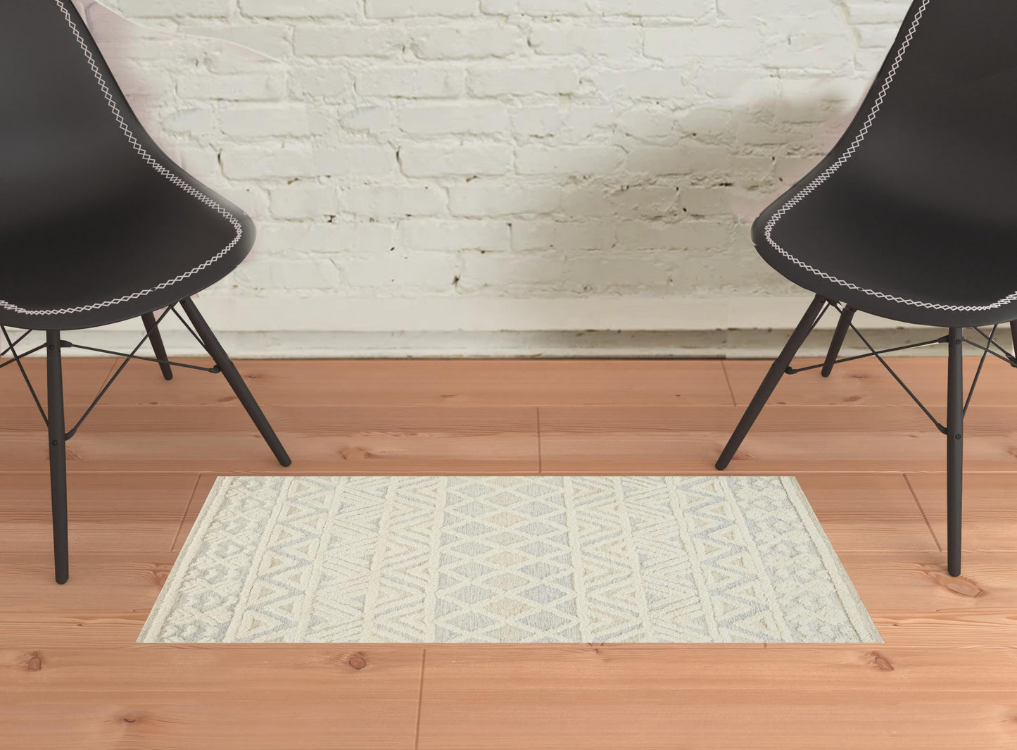 4' X 6' Ivory Blue And Tan Wool Geometric Tufted Handmade Stain Resistant Area Rug