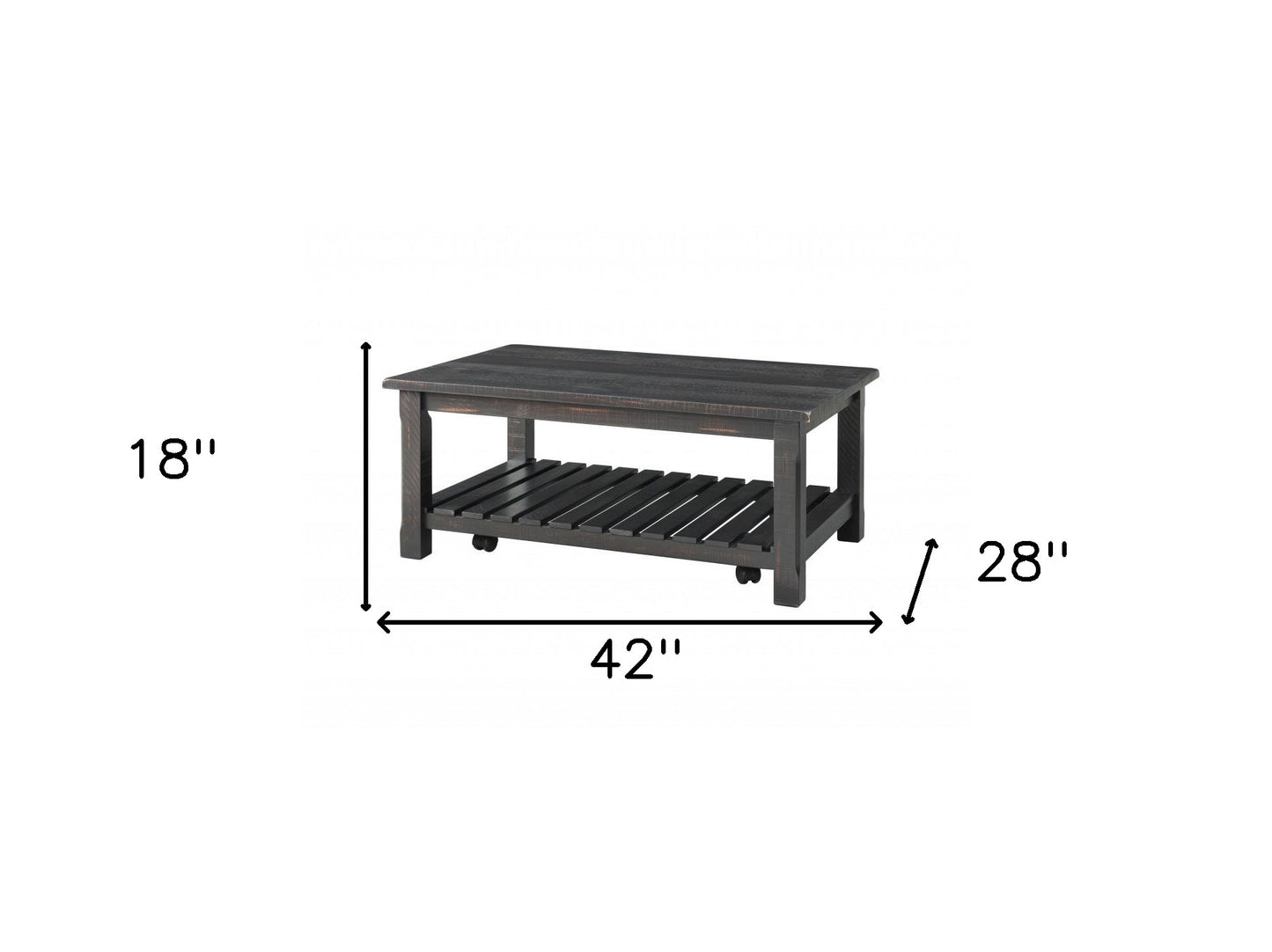 42" Antique Black Solid Wood Rectangular Distressed Coffee Table With Shelf