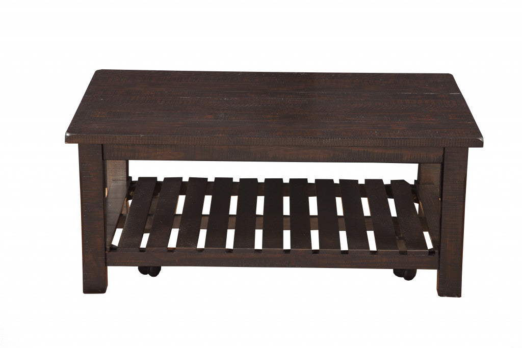 42" Espresso Solid Wood Rectangular Distressed Coffee Table With Shelf