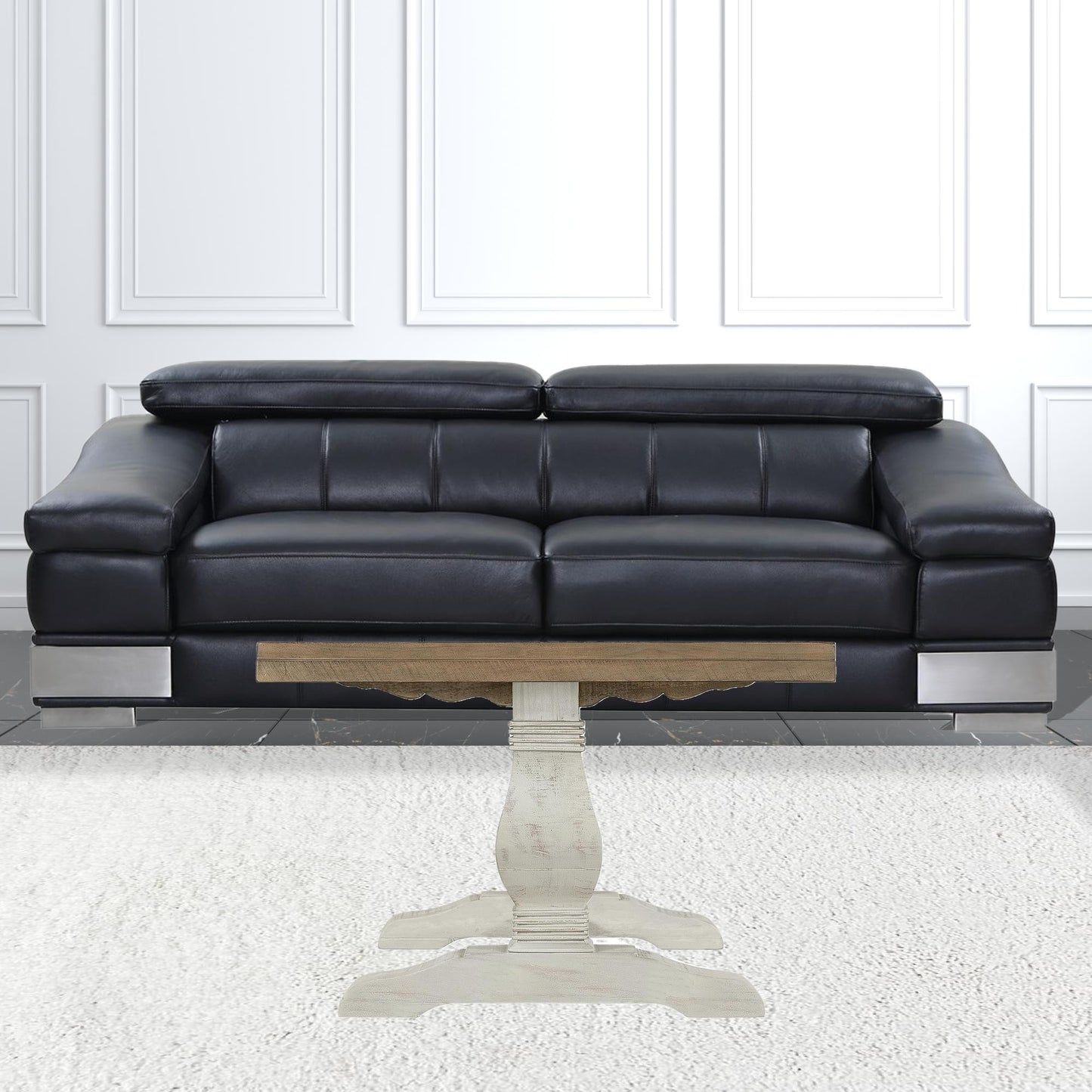 50" White And Reclaimed Natural Wood Distressed Pedestal Coffee Table