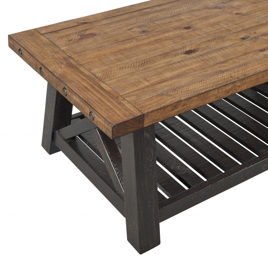 50" Rustic Black And Natural Solid Wood Rectangular Distressed Coffee Table