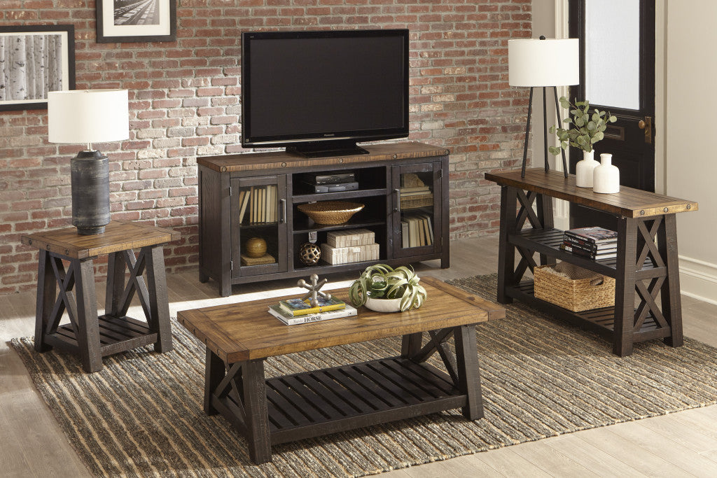 50" Rustic Black And Natural Solid Wood Rectangular Distressed Coffee Table