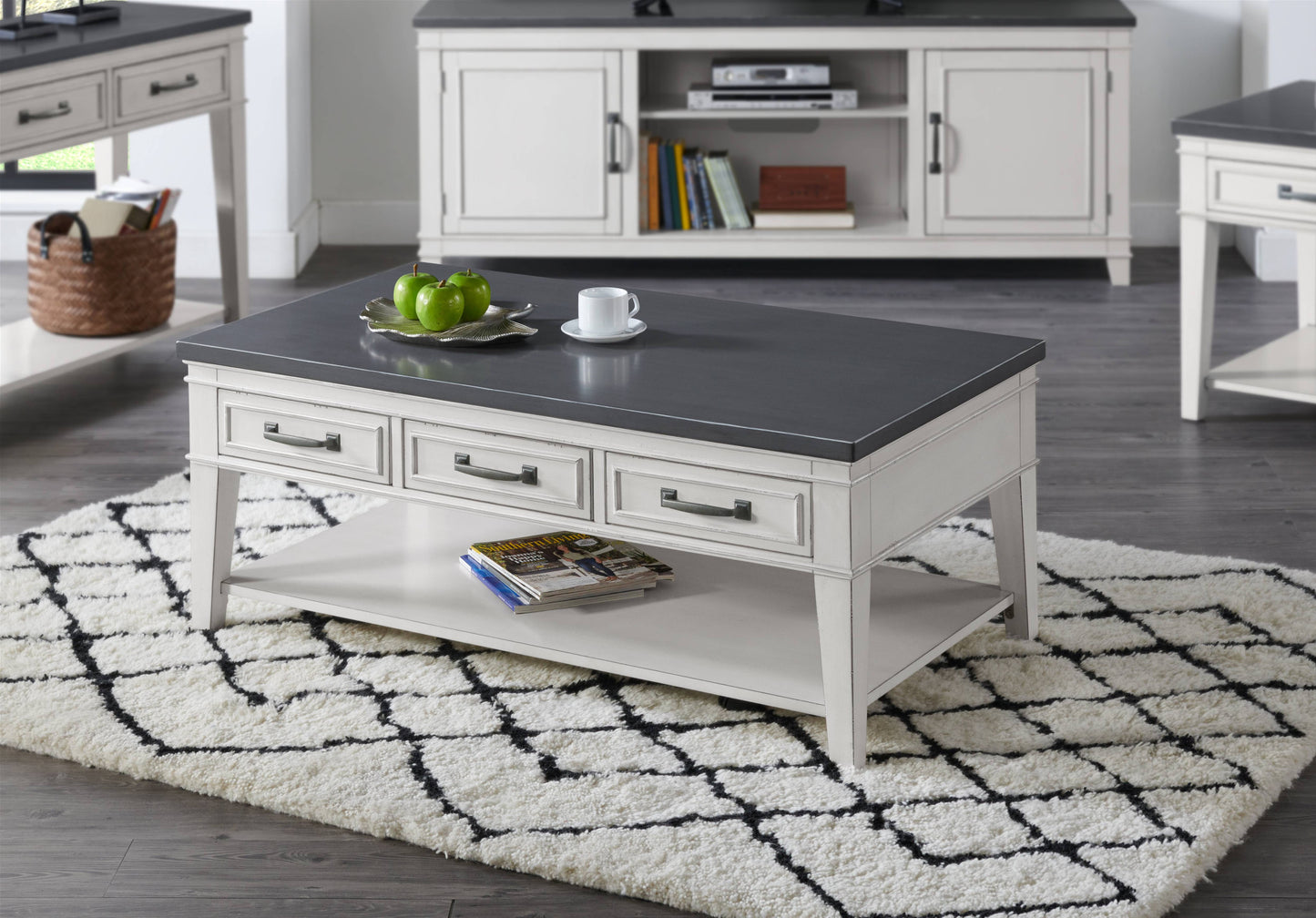 48" Antique White And Grey Rectangular Coffee Table With Storage