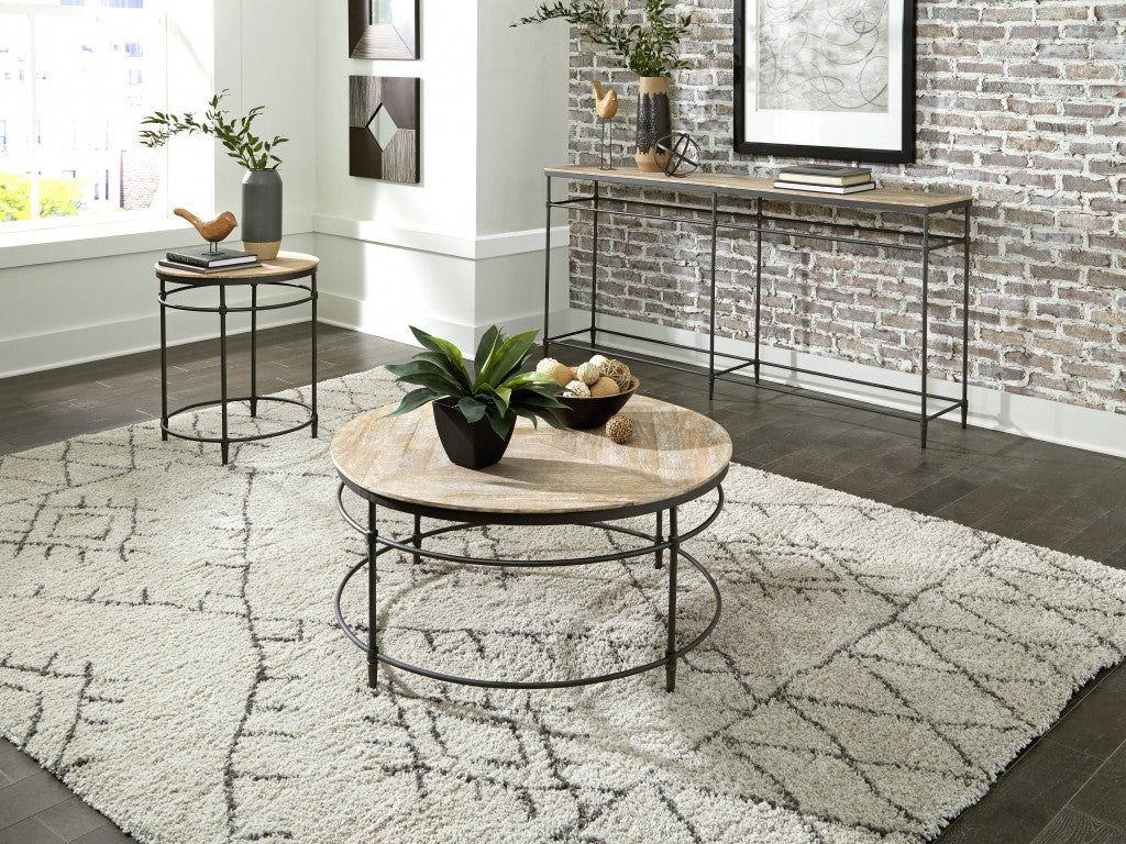 38" Black And Rustic Washed Mango Wood Round Distressed Coffee Table