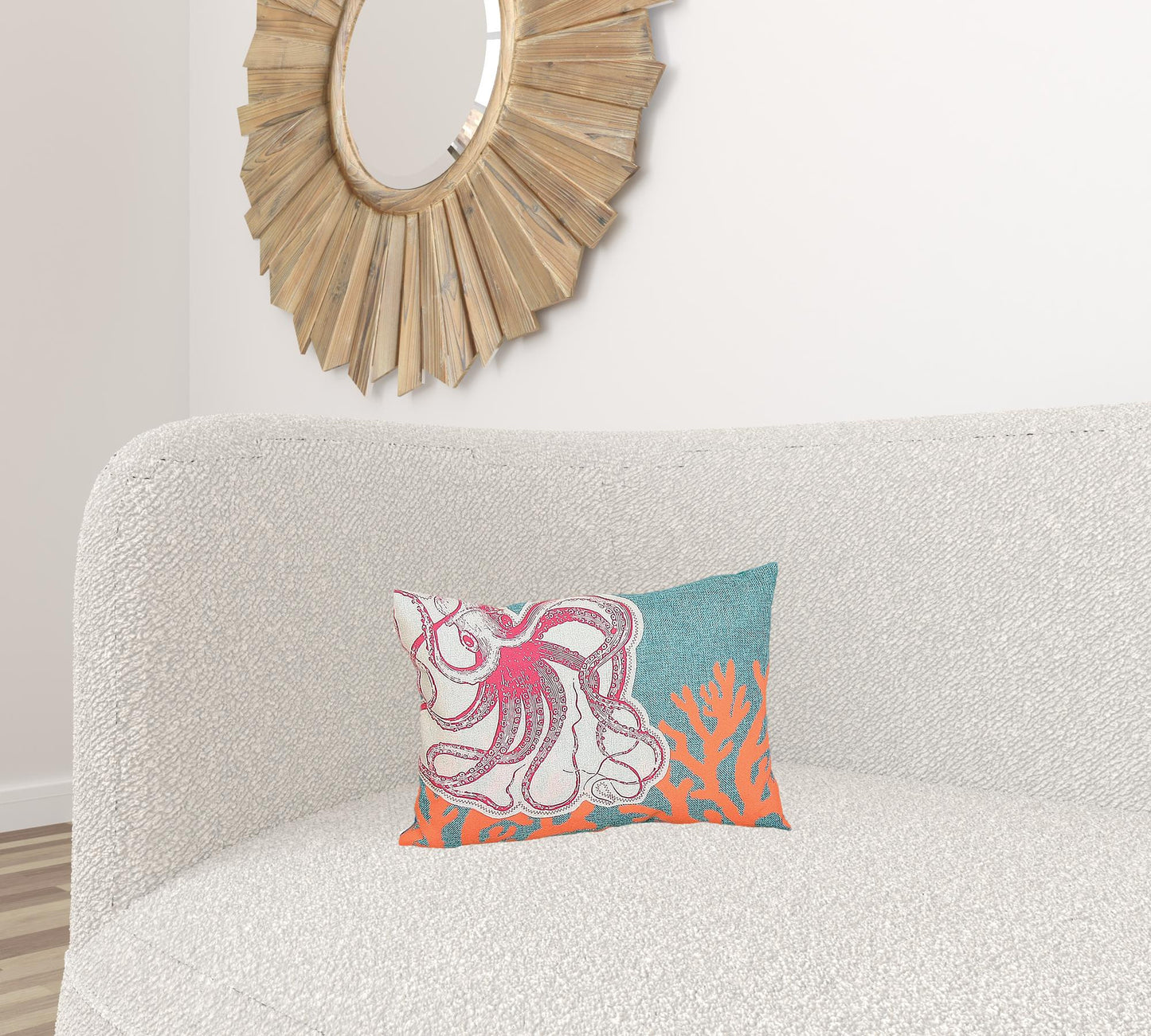 13" X 18" Red Orange Octopus Coastal Polyester Pillow With Applique