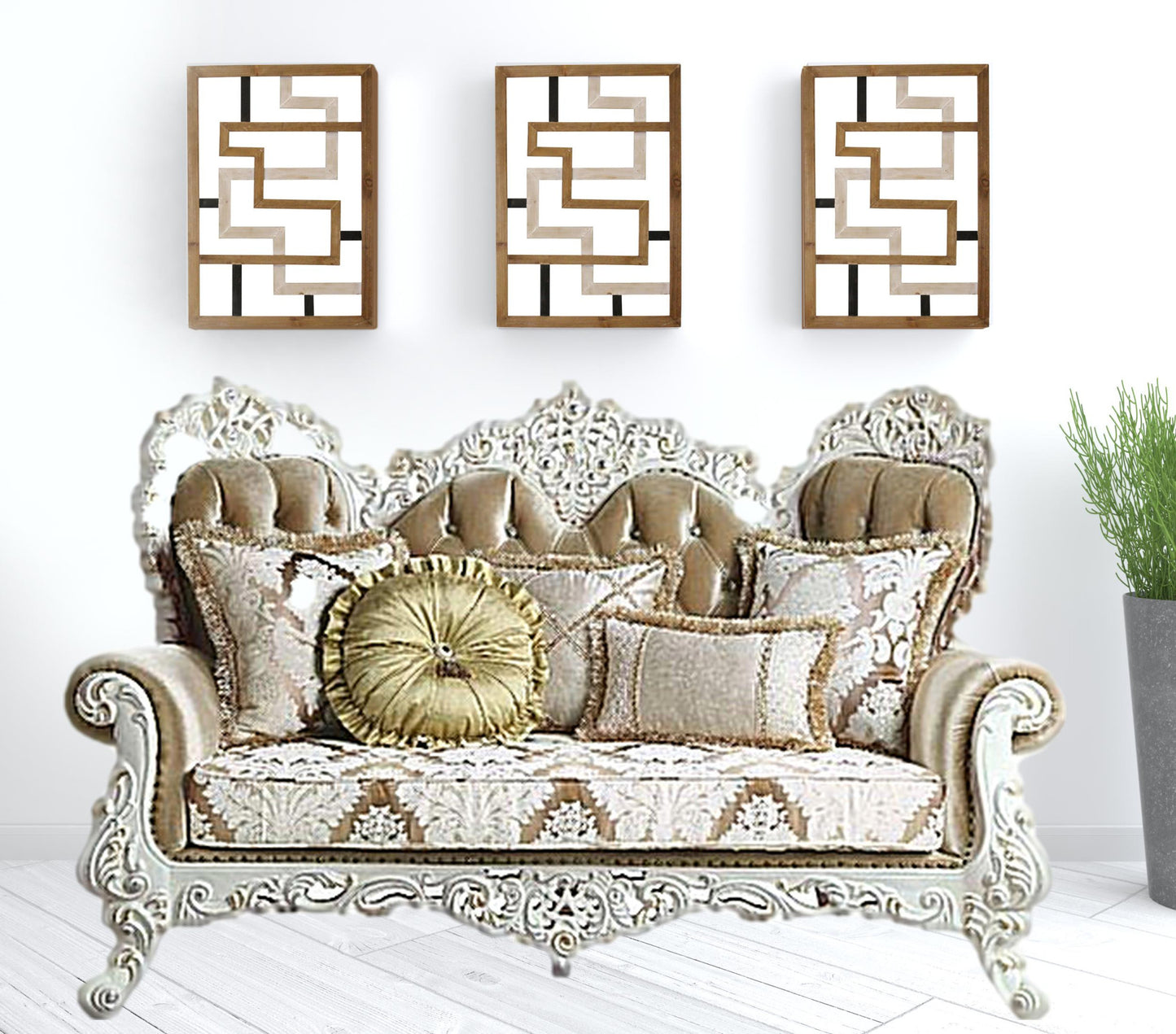 78" Brown And White Love Seat And Toss Pillows