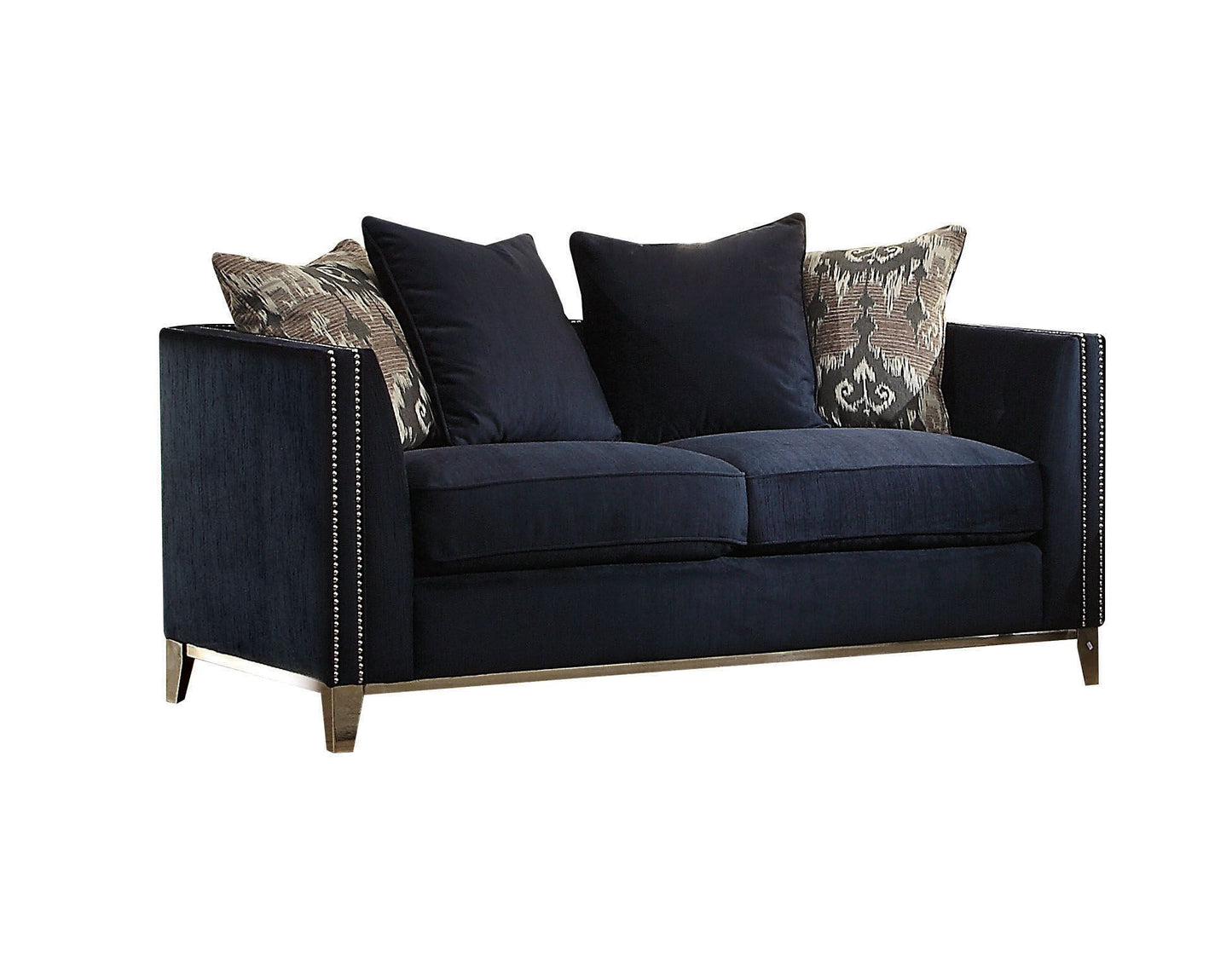 71" Blue And Silver Velvet Love Seat And Toss Pillows
