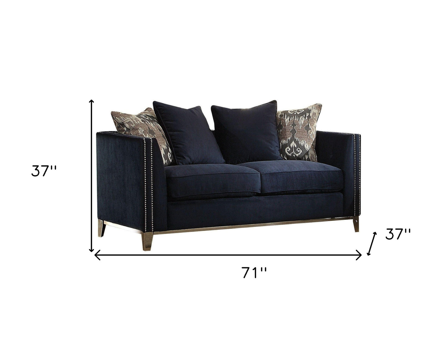 71" Blue And Silver Velvet Love Seat And Toss Pillows