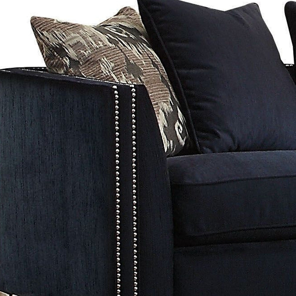 71" Blue And Silver Velvet Love Seat And Toss Pillows