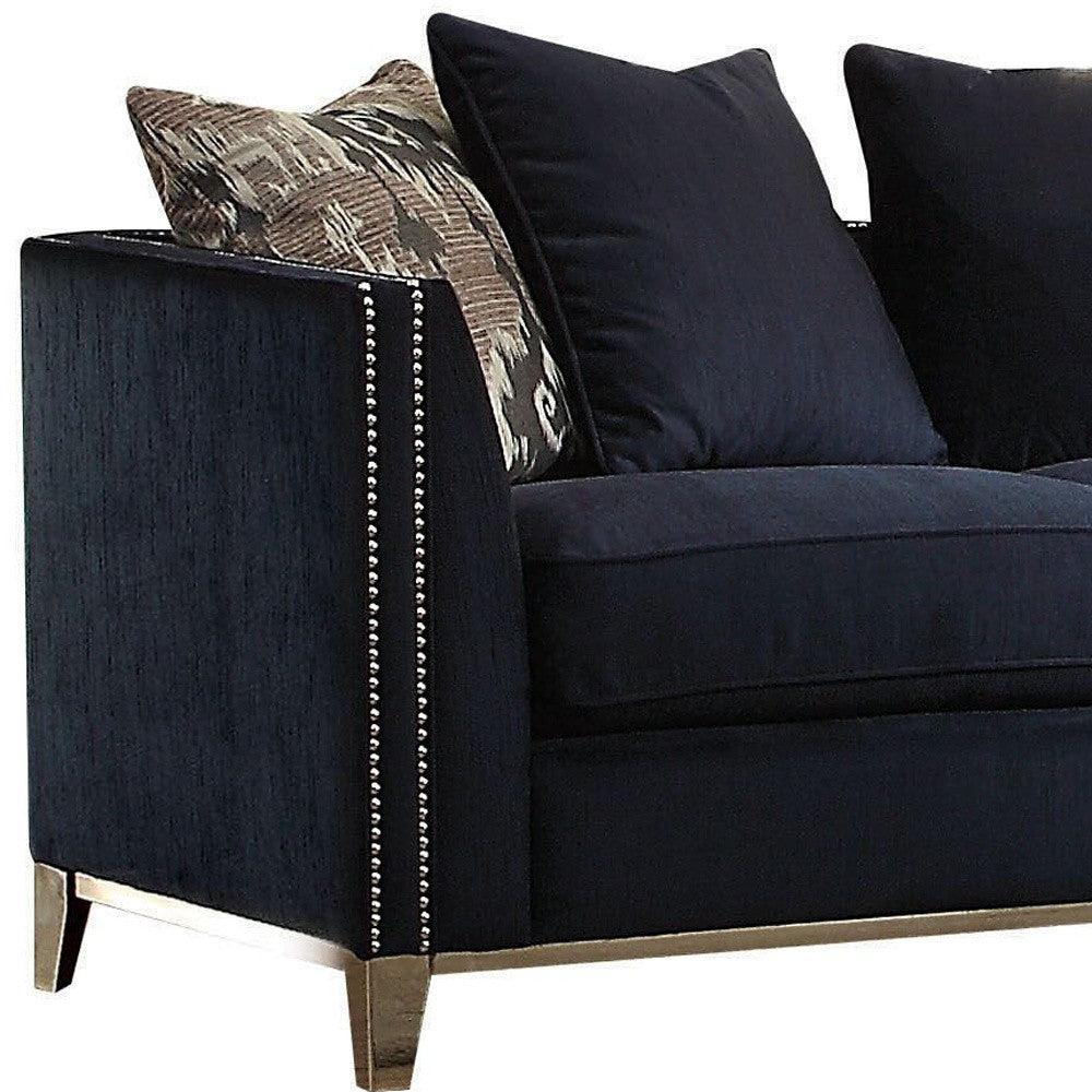 71" Blue And Silver Velvet Love Seat And Toss Pillows