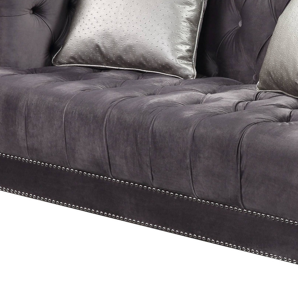 61" Gray And Silver Velvet Love Seat And Toss Pillows