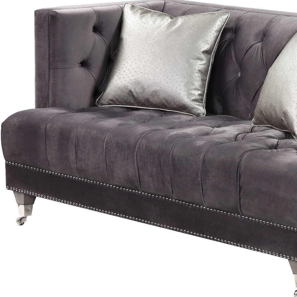 61" Gray And Silver Velvet Love Seat And Toss Pillows