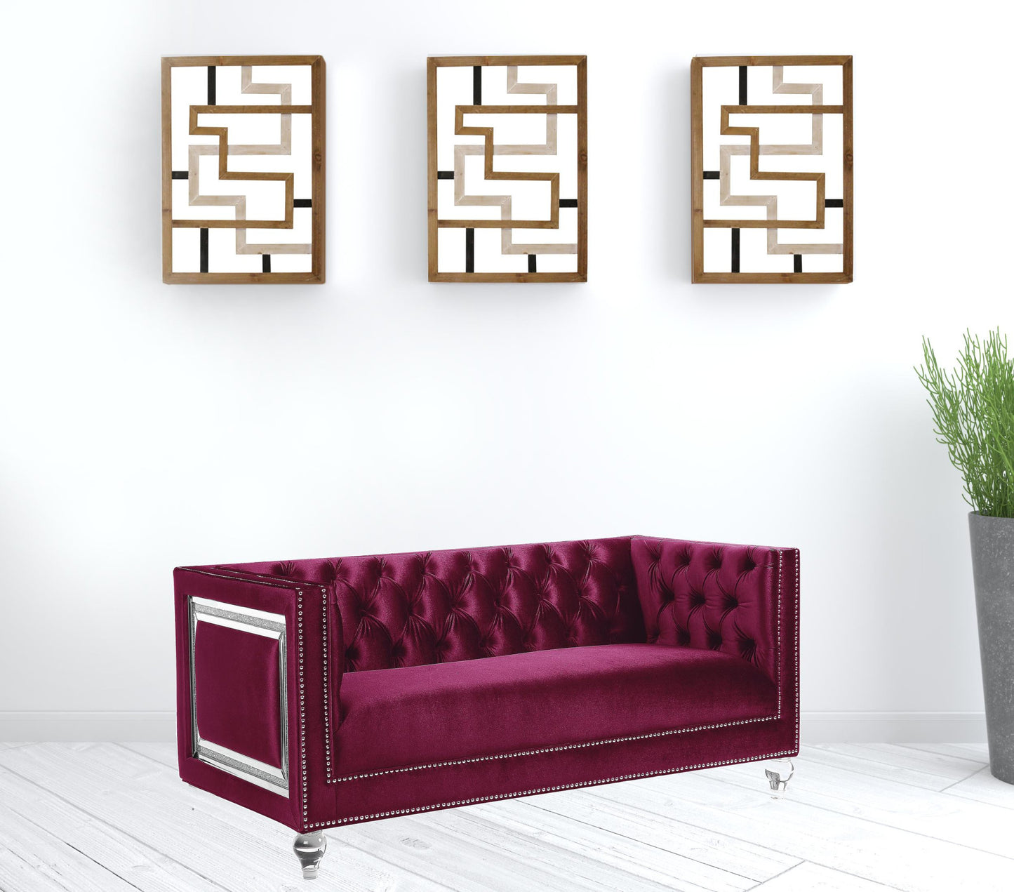 67" Burgundy And Silver Velvet Love Seat And Toss Pillows