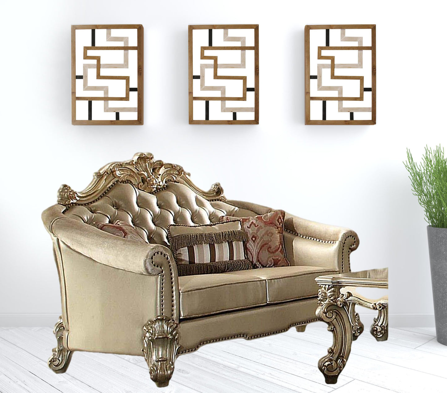 67" Bone And Gold Faux Leather Love Seat And Toss Pillows