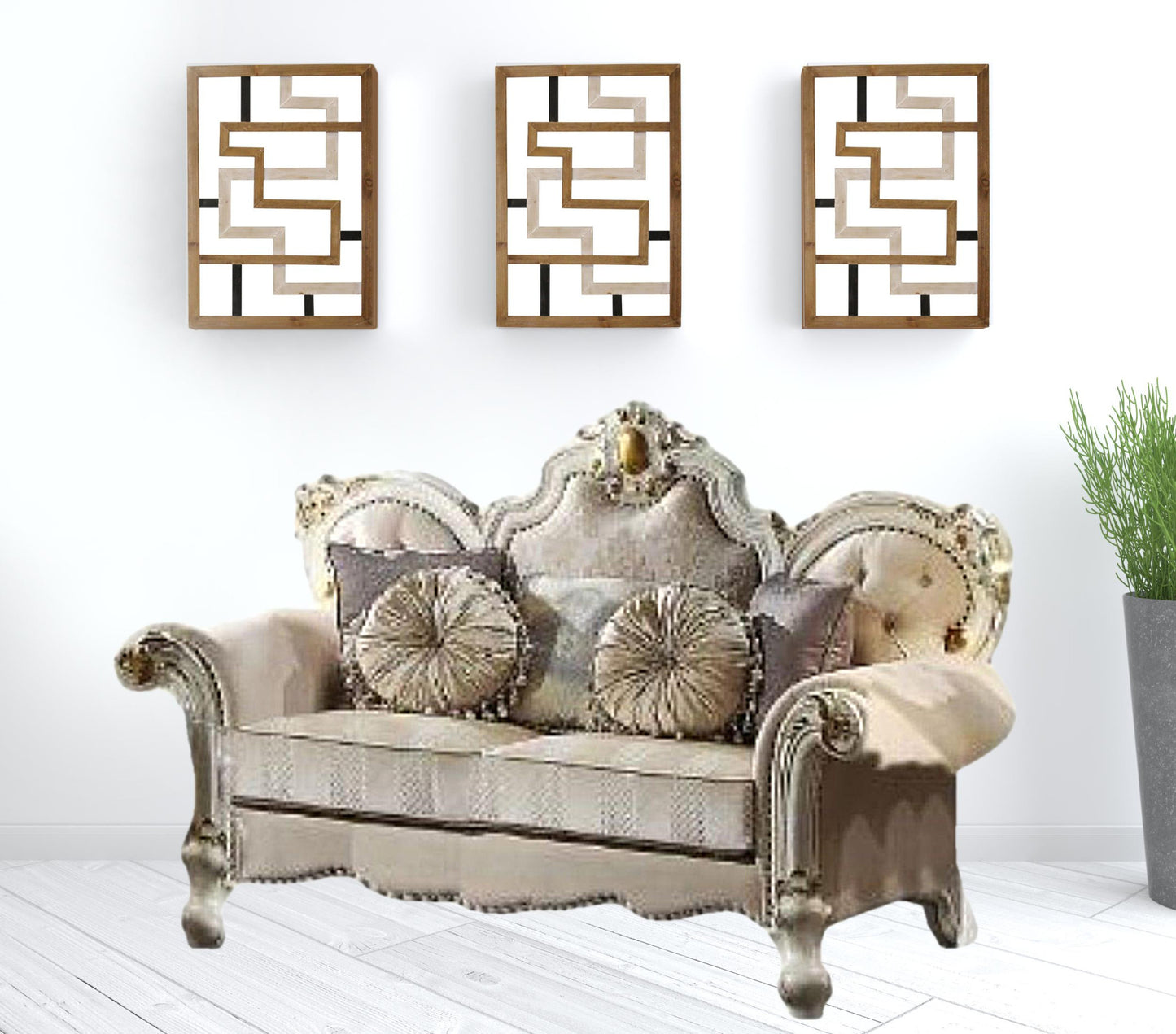 70" Gold And Pearl Velvet Love Seat And Toss Pillows