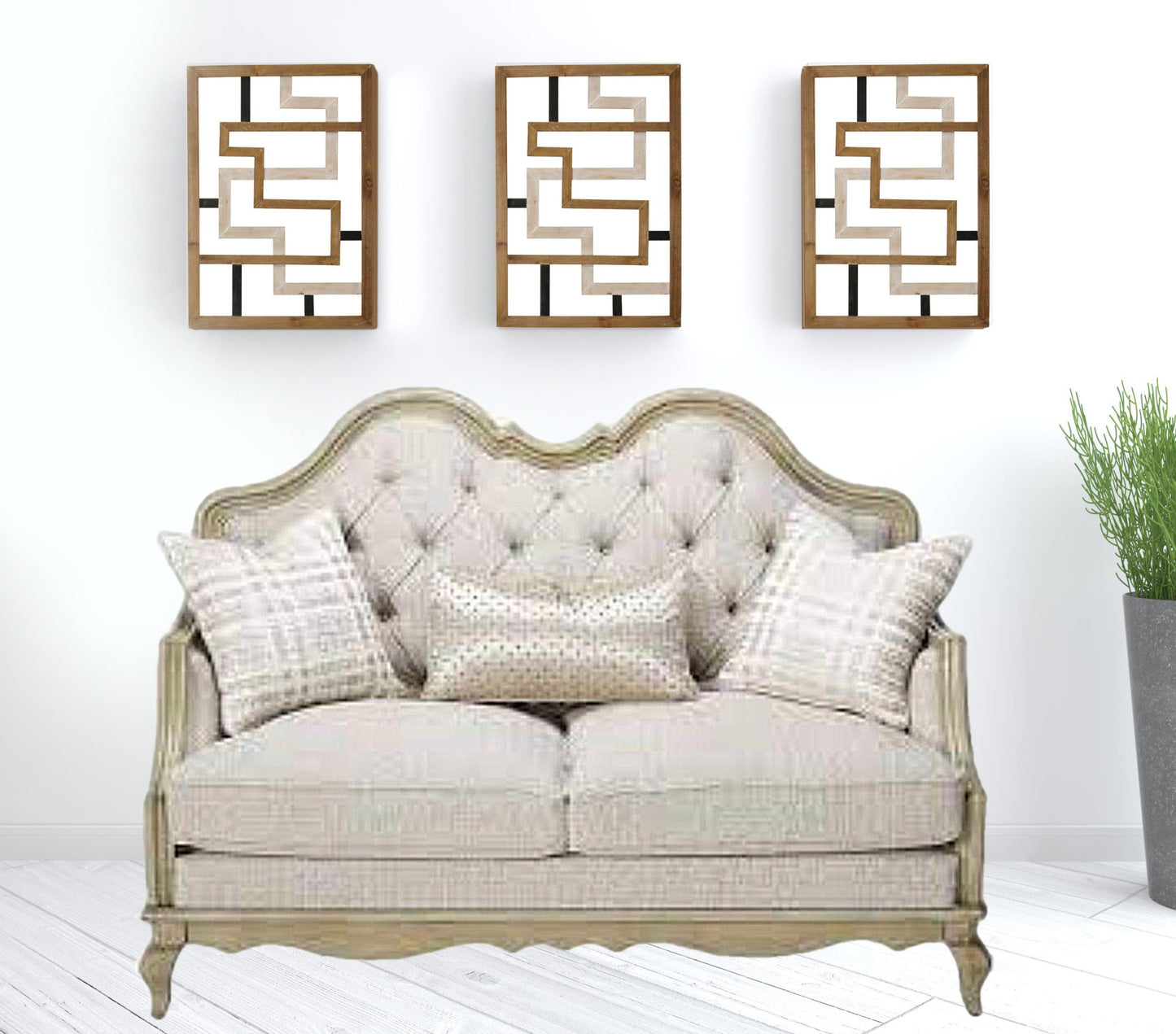 70" Silver And Platinum Faux Leather Love Seat And Toss Pillows