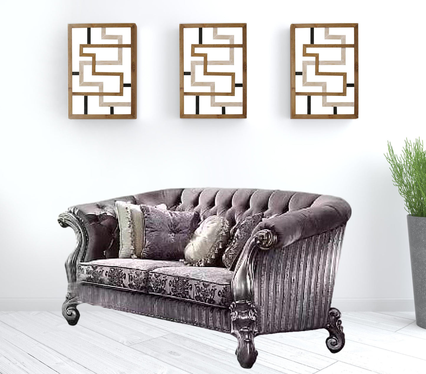 76" Purple And Platinum Velvet Love Seat And Toss Pillows
