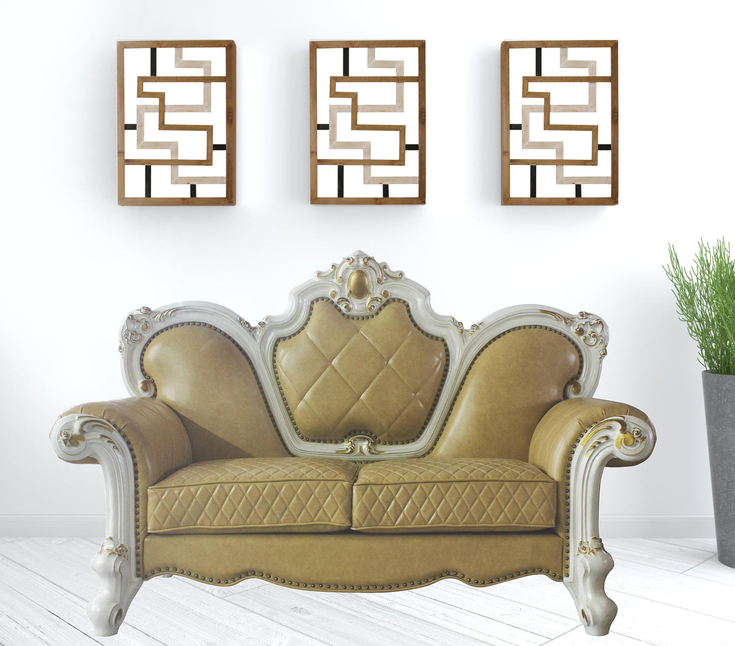 70" Butterscotch And Pearl Faux Leather Love Seat And Toss Pillows
