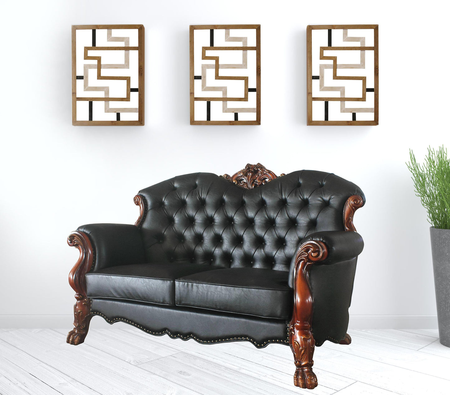 71" Black And Brown Faux Leather Love Seat And Toss Pillows