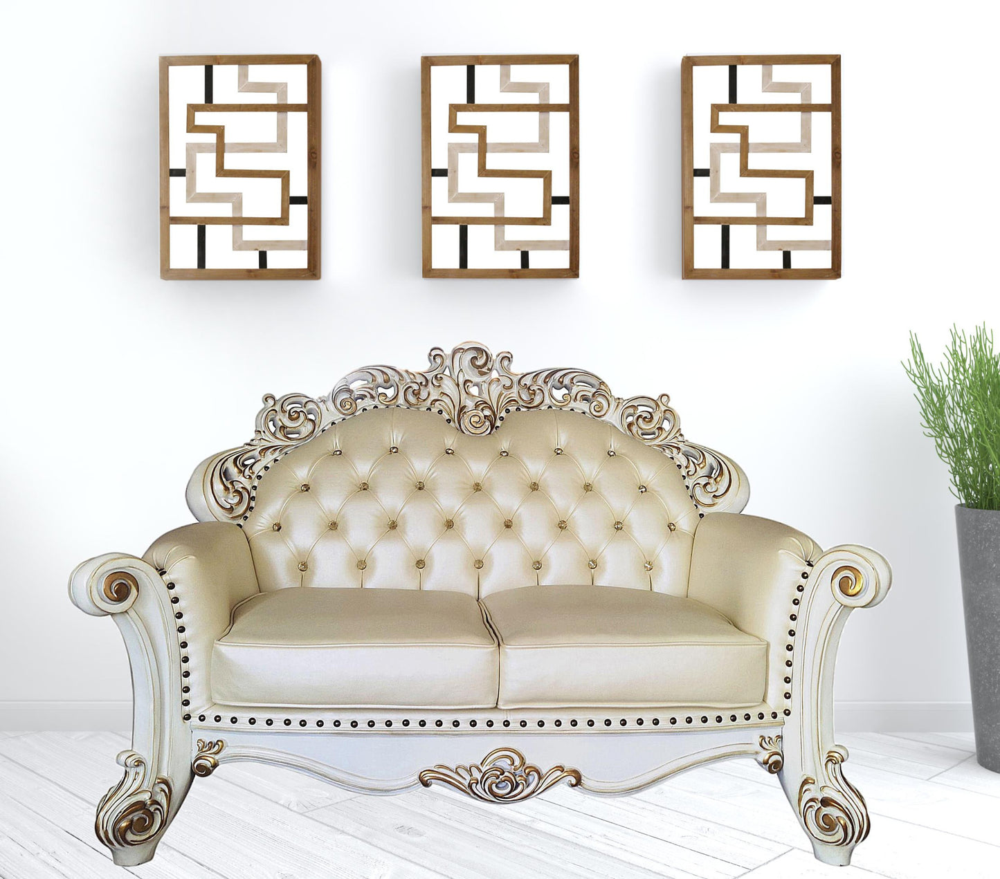 70" Champagne And Pearl Faux Leather Love Seat And Toss Pillows
