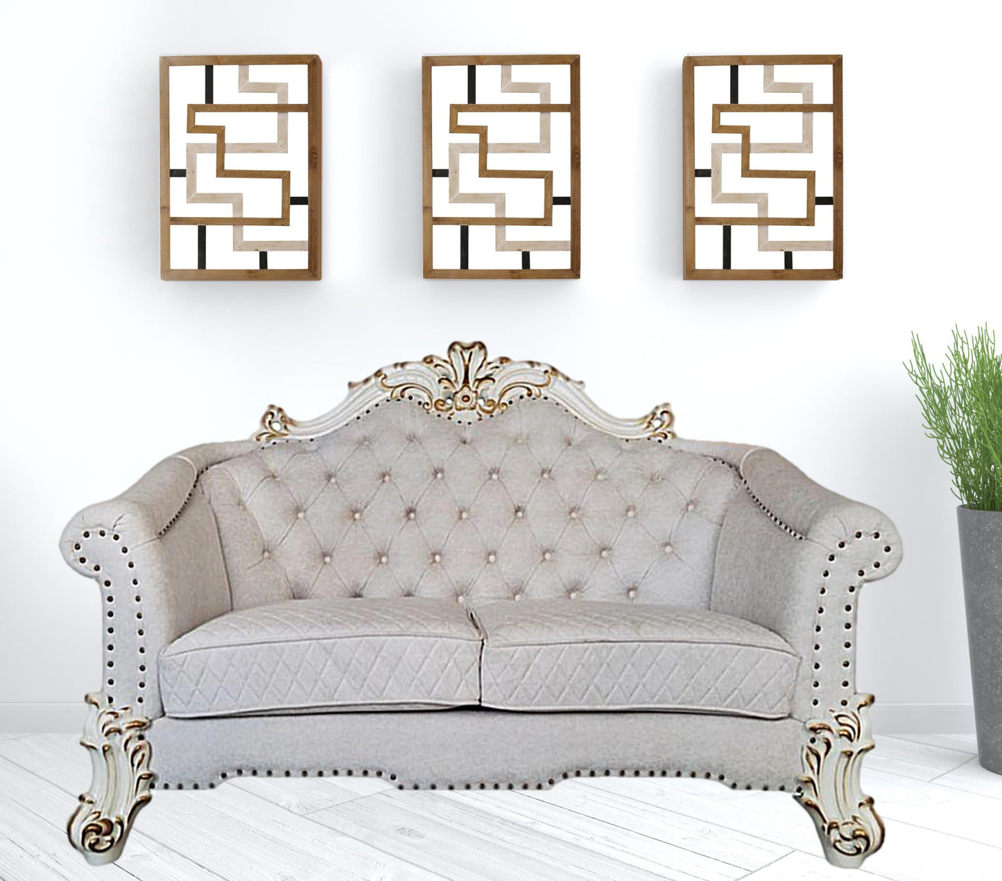 66" Two Tone Ivory And Pearl Velvet Love Seat And Toss Pillows
