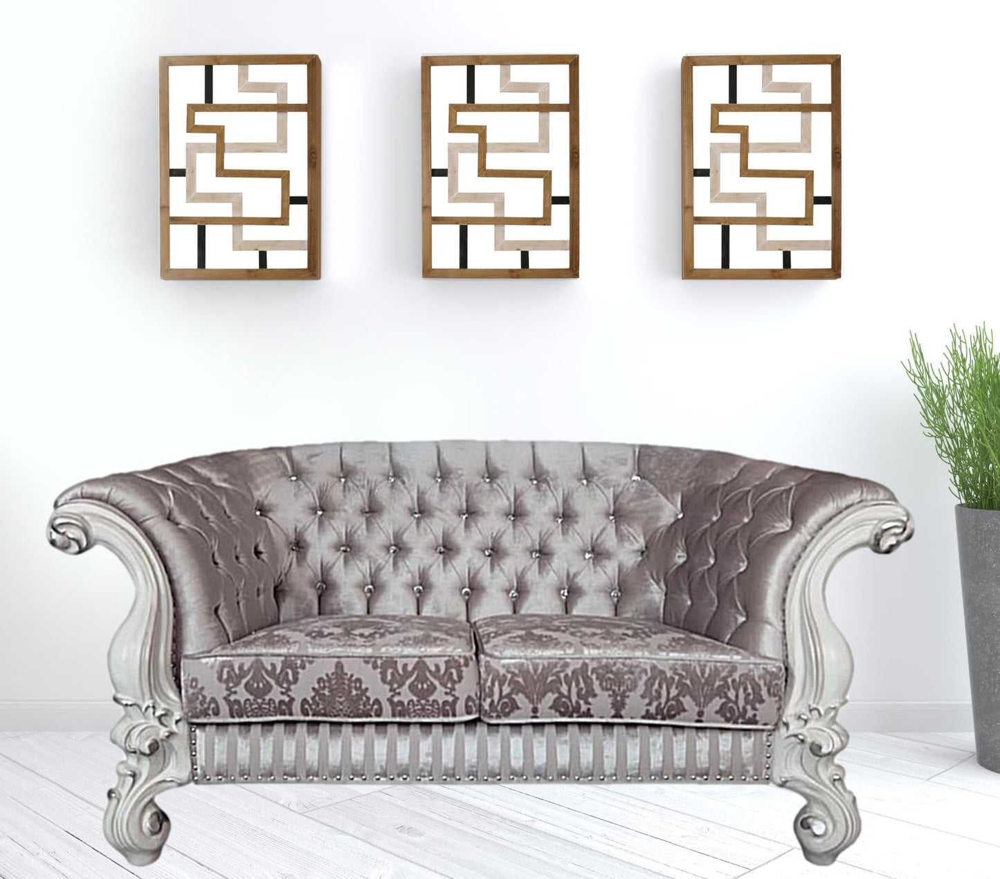 76" Ivory And Off White Velvet Love Seat And Toss Pillows
