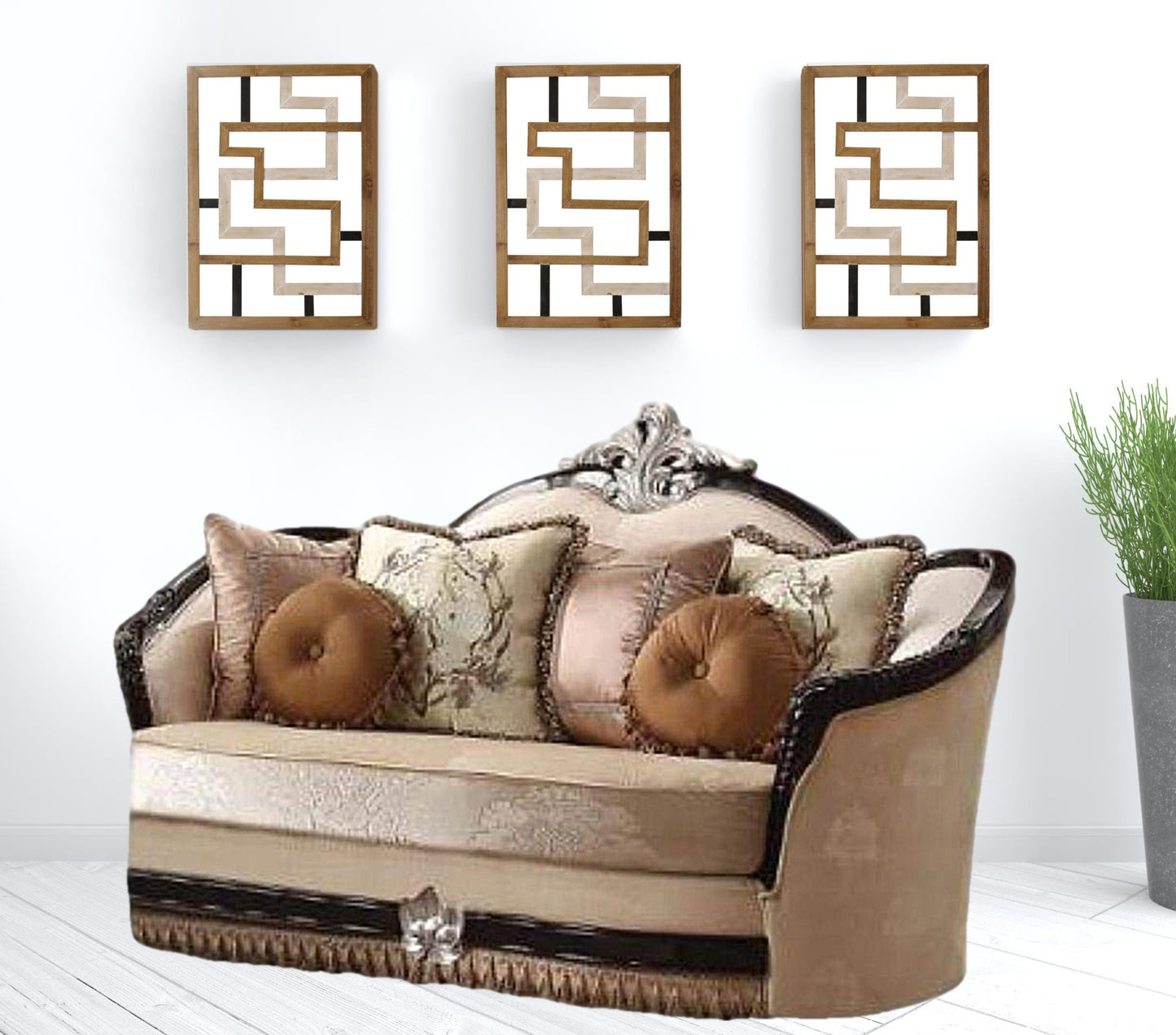 75" Tan Velvet Velvet Curved Love Seat And Toss Pillows