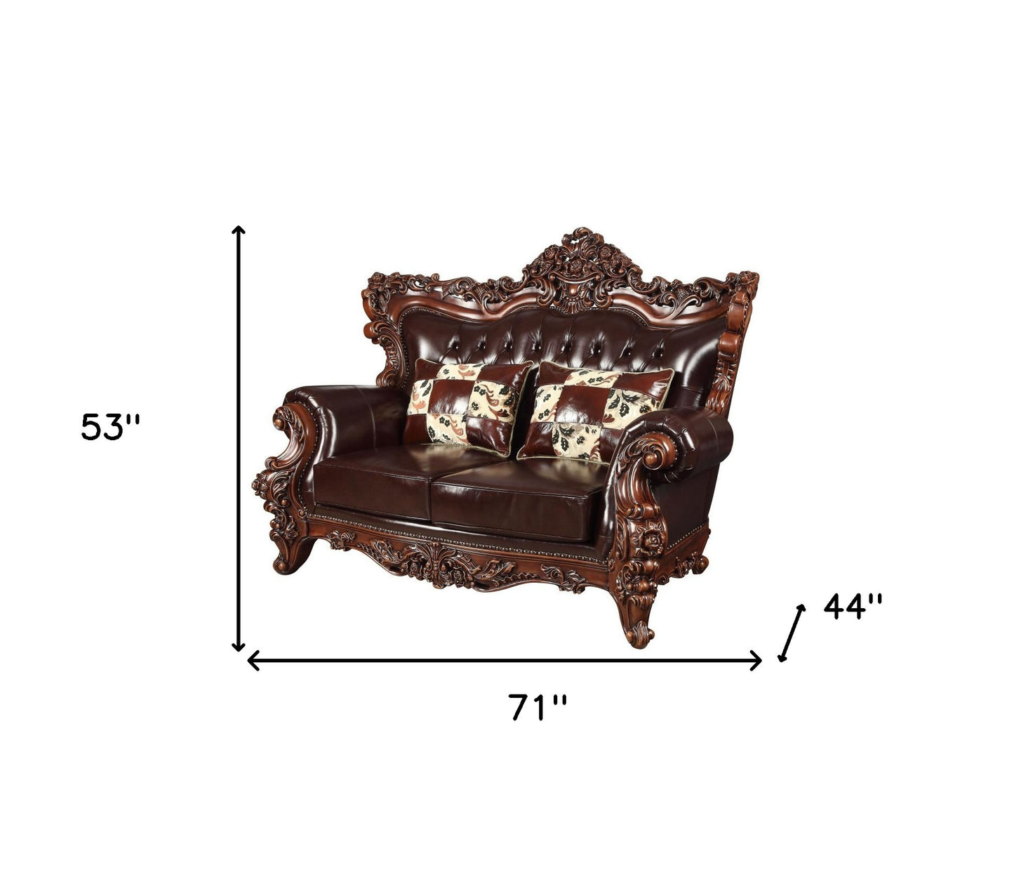 71" Espresso And Brown Faux Leather Curved Love Seat